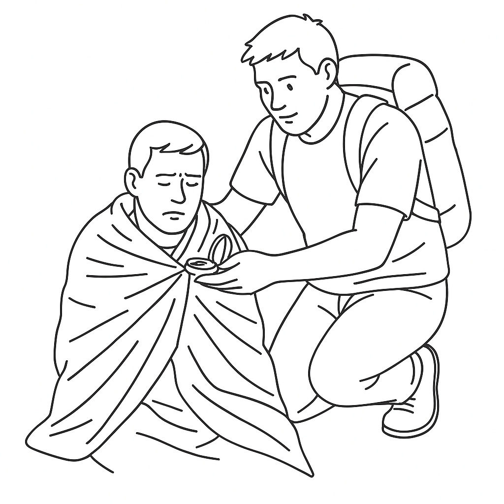 A young man kneeling beside another young man who is wrapped only in a blanket and sitting on the ground, with the kneeling man offering care or aid.