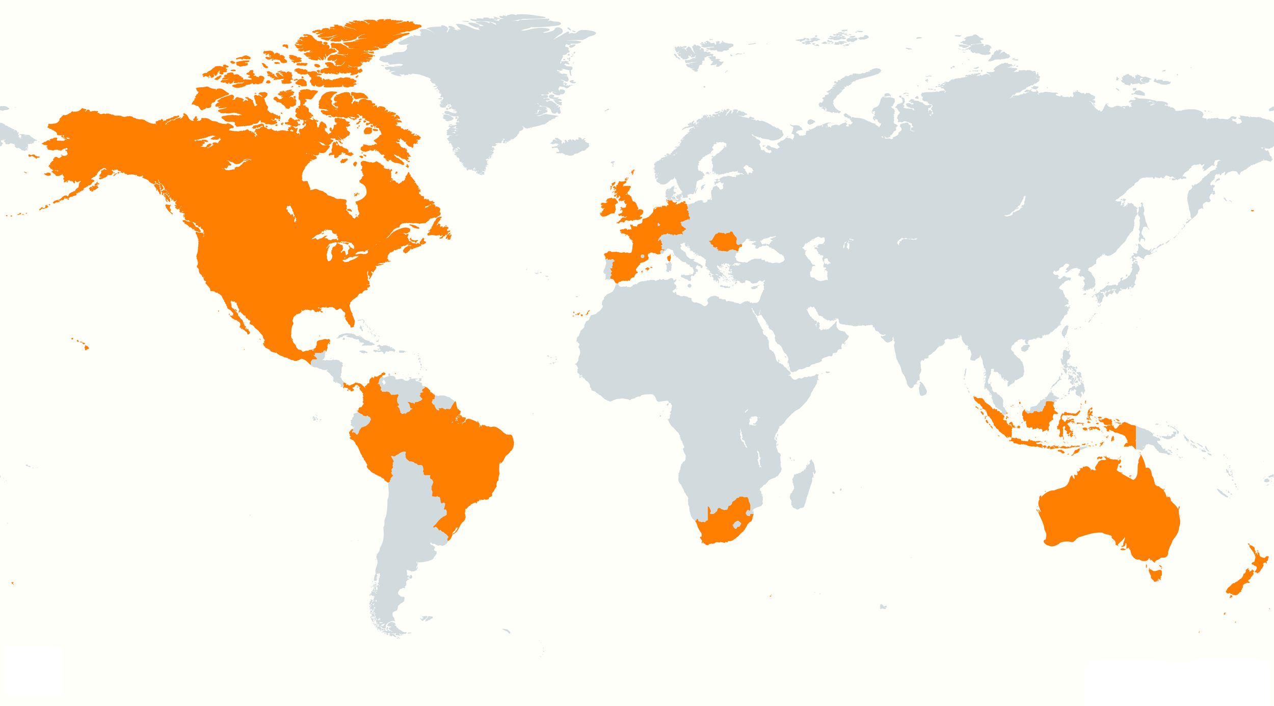 A world map with countries highlighted in orange, including the United States, United Kingdom, Spain, France, Italy, Greece, Australia, New Zealand, Canada, Mexico, Brazil, Argentina, South Africa, Egypt, Russia, India, China, Japan, South Korea, Indonesia, Malaysia, and several countries in Central and South America and Oceania.