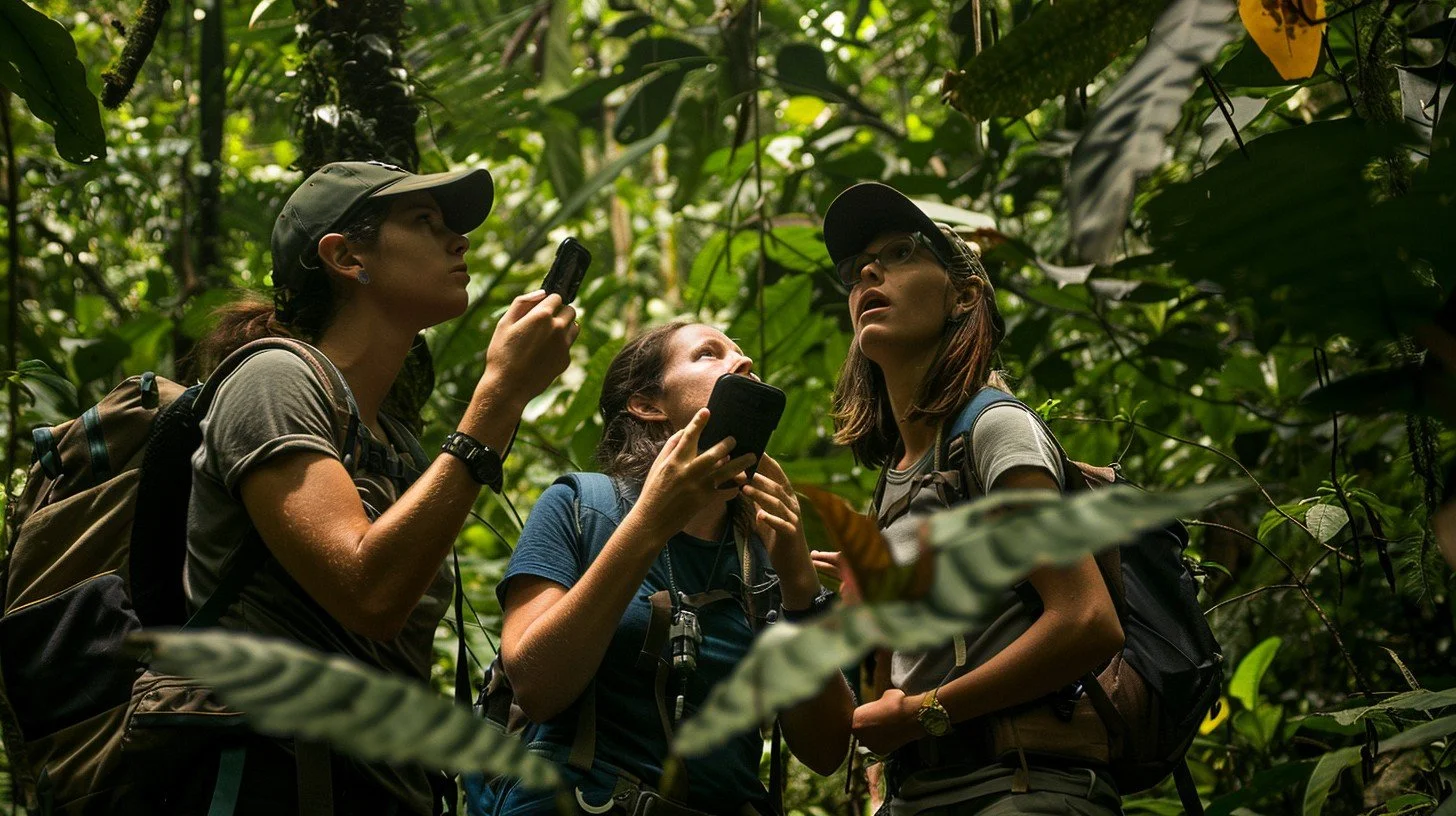 Three women with backpacks and hats in a lush jungle, examining the dense foliage and taking photos with their phones.