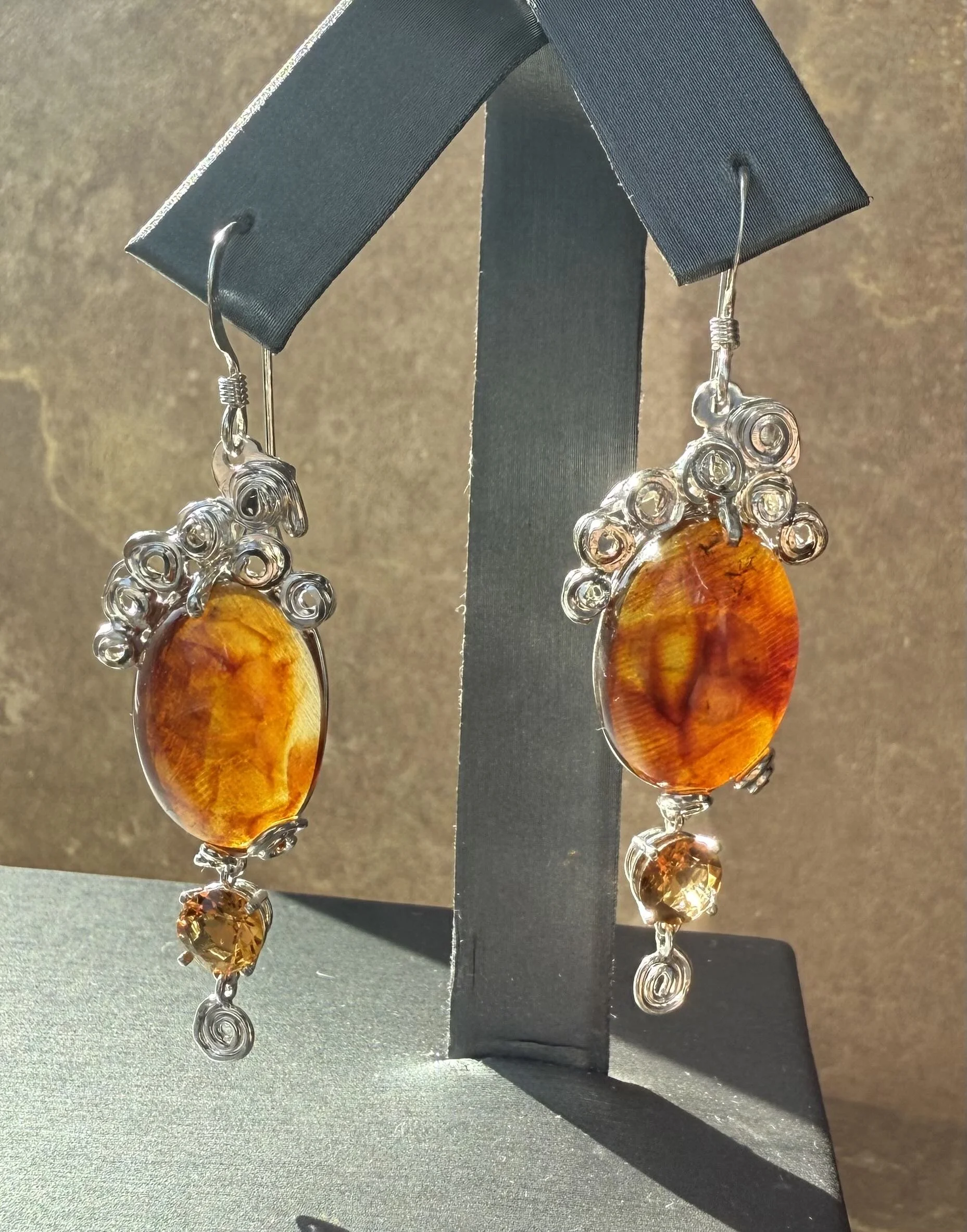 Sterling Silver Amber and Citrine Earrings