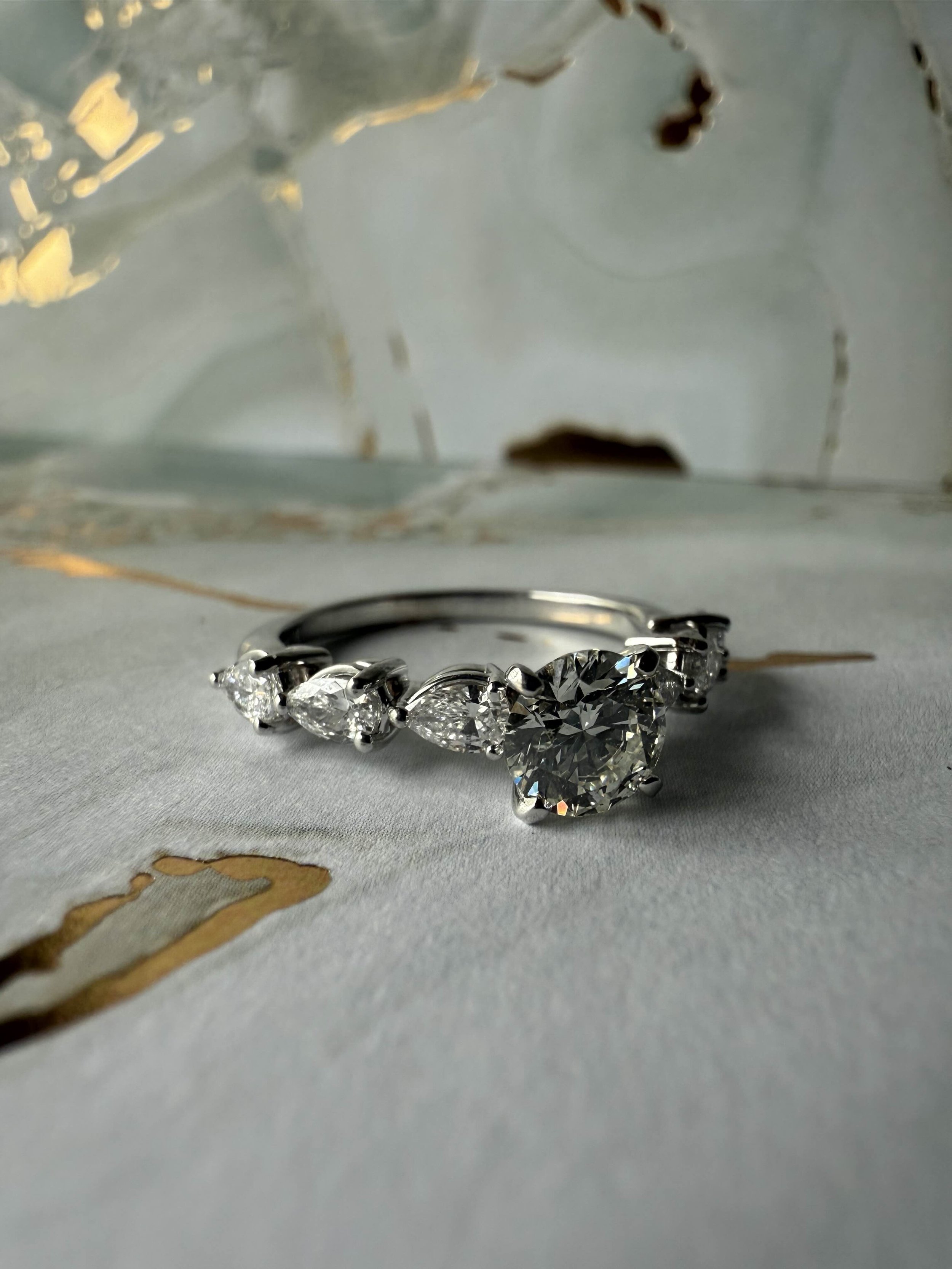 White Gold Diamond Engagement Ring with Pear Shaped Accents