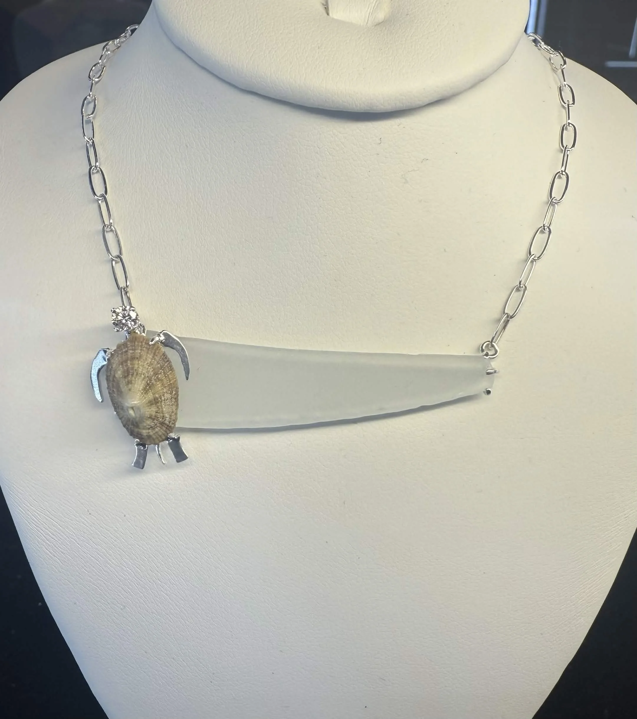 Seaglass Bar and Diamond Turtle Necklace