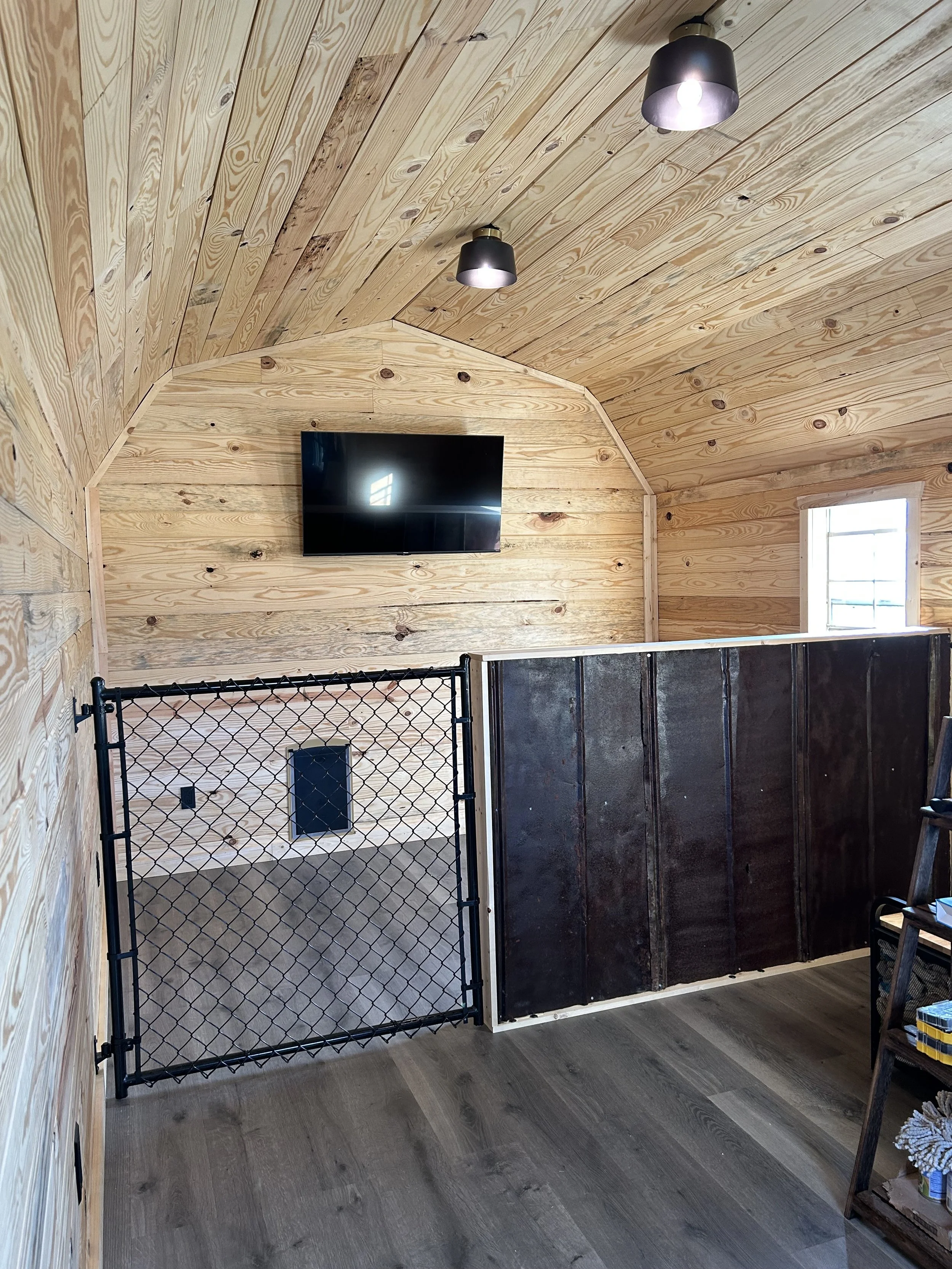 Wood-paneled room with a small window, black ceiling lights, a wall-mounted TV, a chain link baby gate, and unfinished dark wood wall paneling.