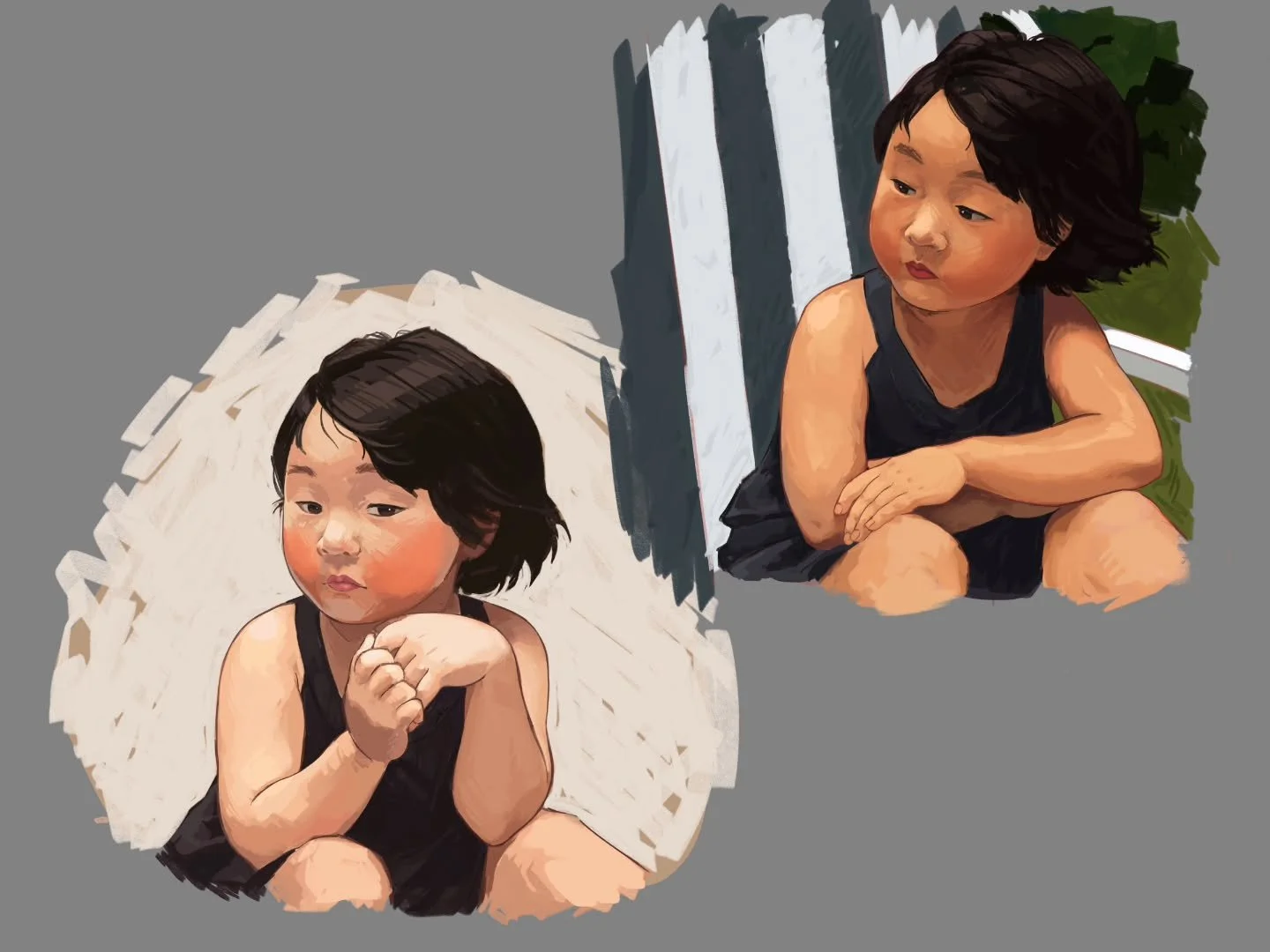 Part 2/? of "Hindsight is 20/20," a series of art pieces and studies based on my childhood photos.

Something about the hair in these photos reminded me of J.C. Leyendecker's work, so I decided to honour that and do these studies in his sty