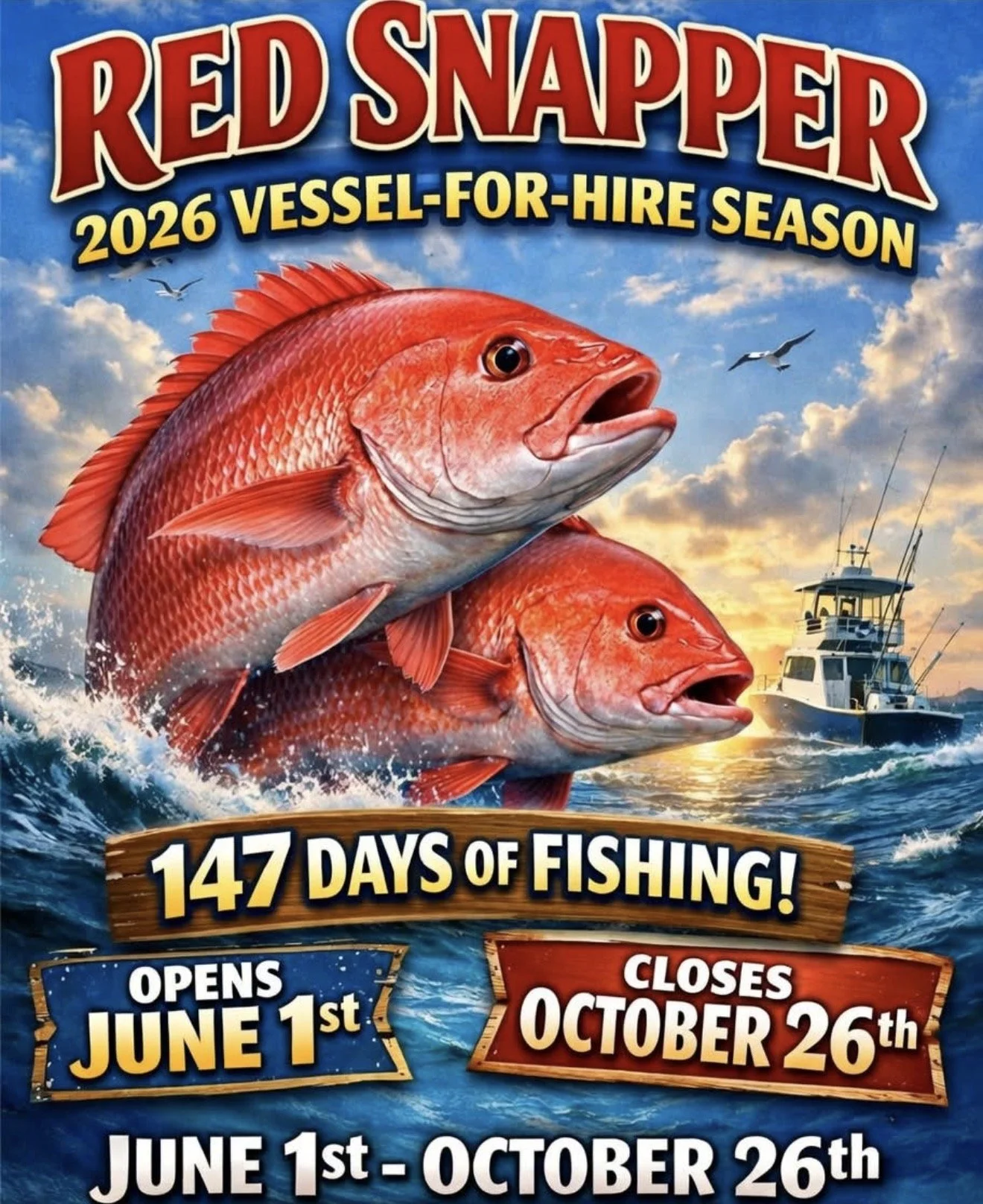 A promotional poster for Red Snapper fishing season, featuring two large red snapper fish jumping out of the water as a boat sails on the ocean. The poster includes information about the fishing season dates, opening on June 1st and closing on Octobe