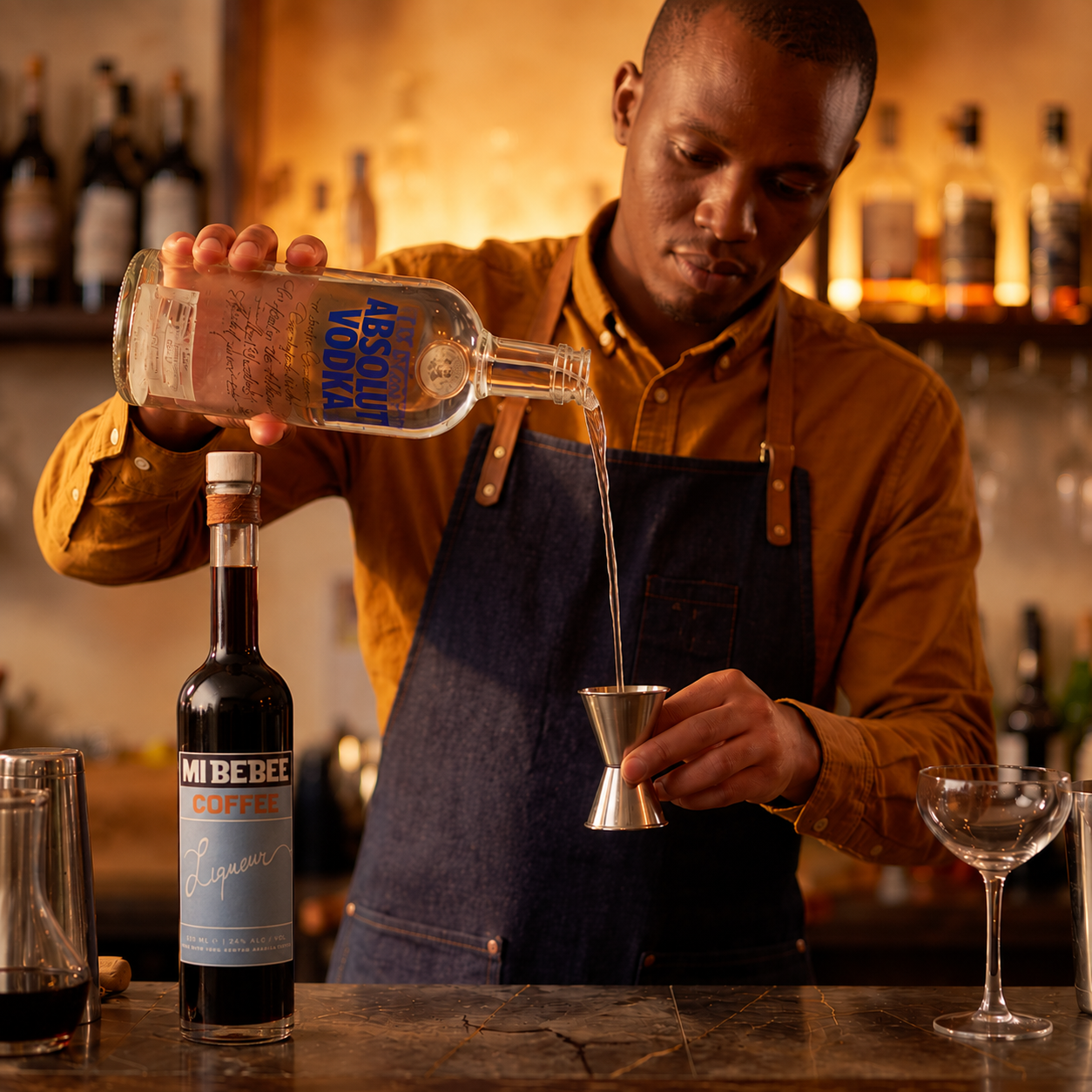 A bartender pours vodka from a bottle into a cocktail shaker in a bar setting with MiBebee Coffee Liqueur .