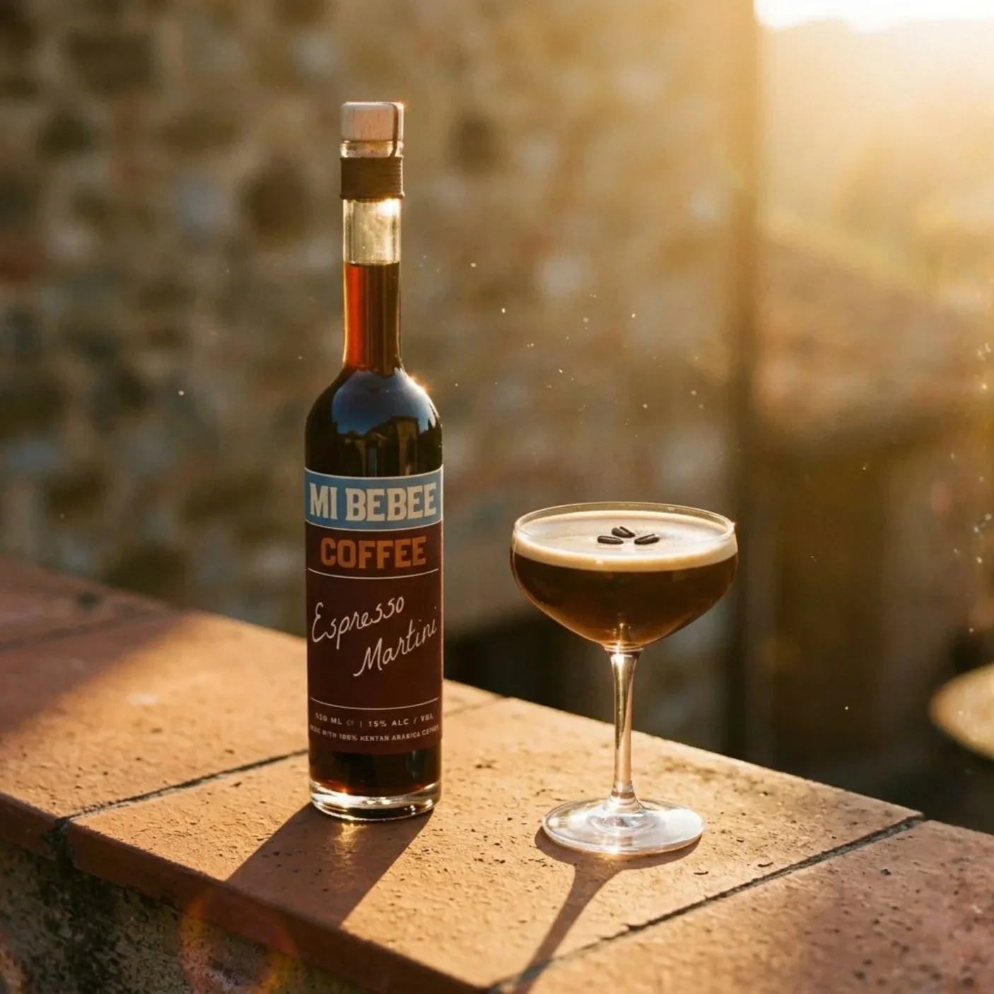 A bottle of coffee liqueur labeled "MiBebee Coffee Espresso Martini" and a cocktail glass with a dark coffee drink garnished with coffee beans, sitting on a brick ledge near the water at sunset.