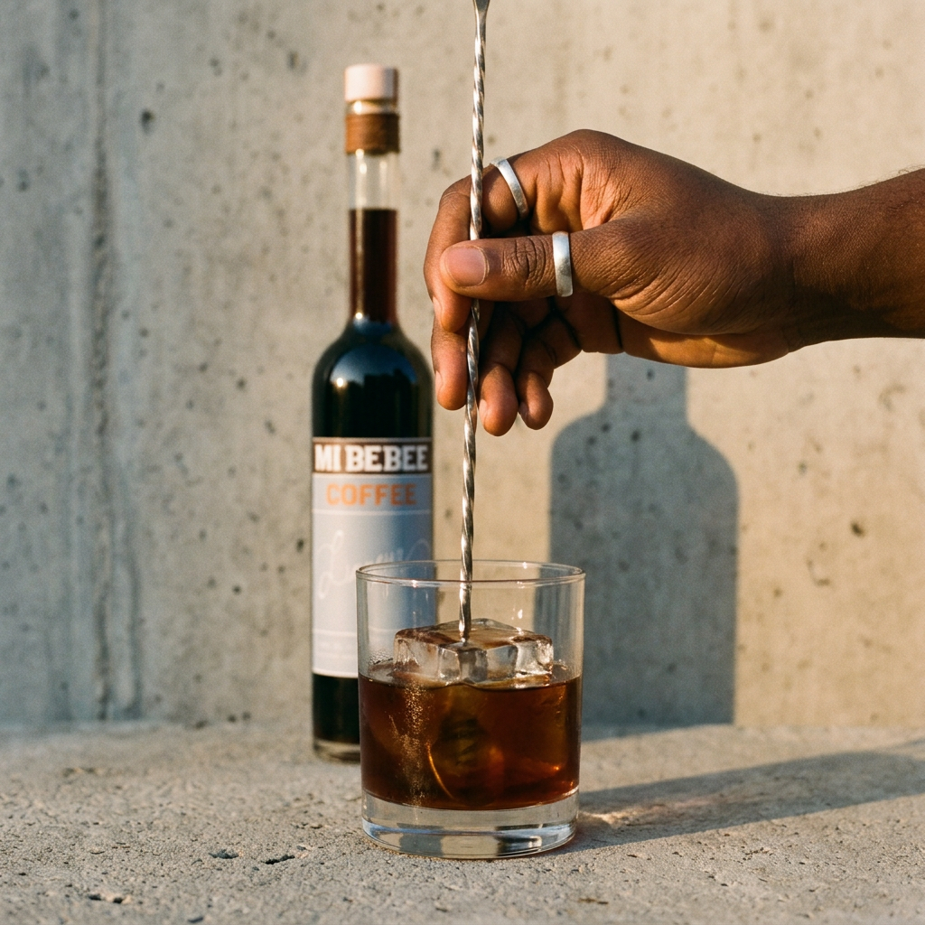 Bartender stiring MiBebee coffee liqueur for a Coffee Old Fashioned.