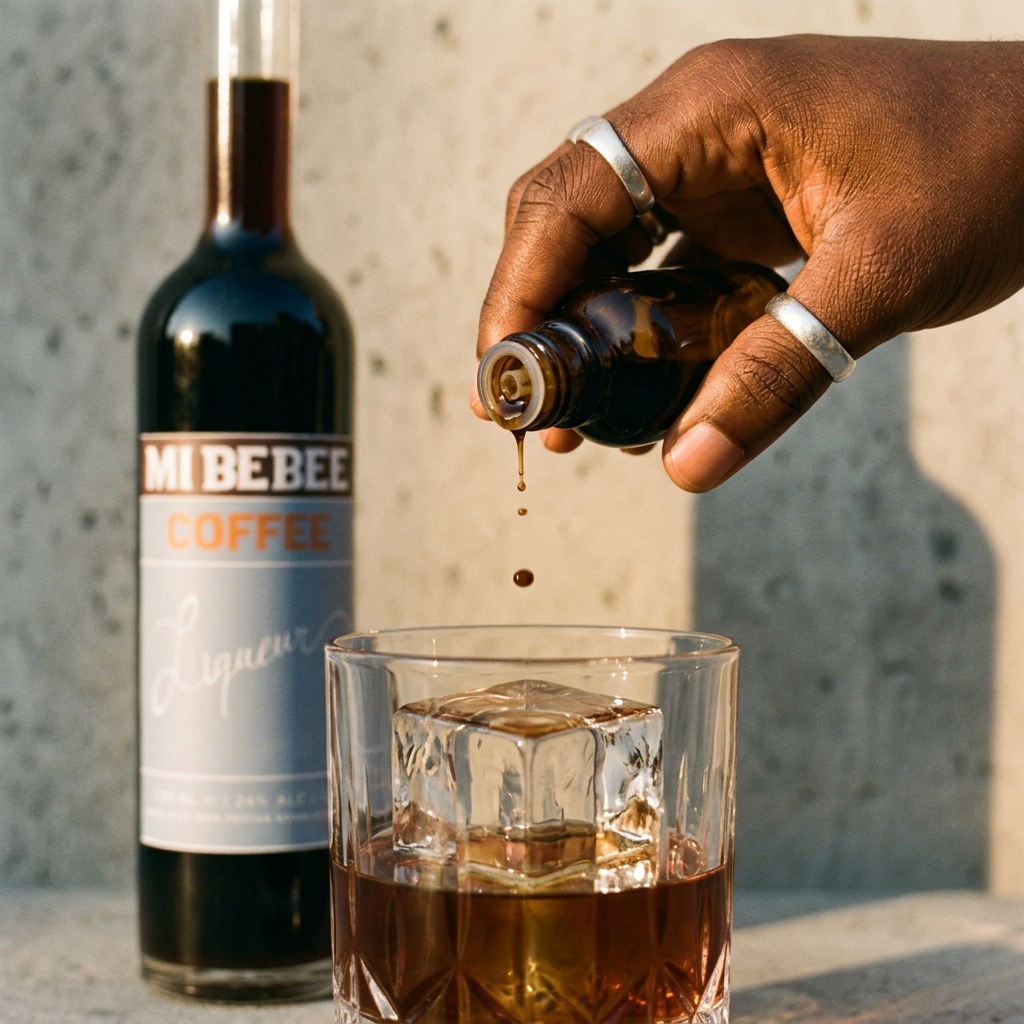 A bartender pours Angostura bitters from a bottle into a cocktail shaker in a bar setting with MiBebee Coffee Liqueur .