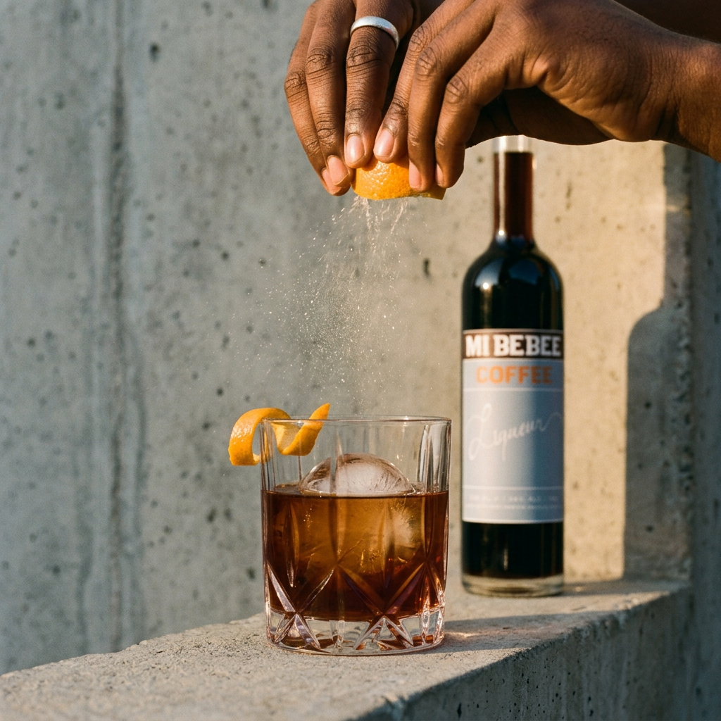 A bartender garnishing a cocktai to make a Coffee Old Fashioned cocktail.