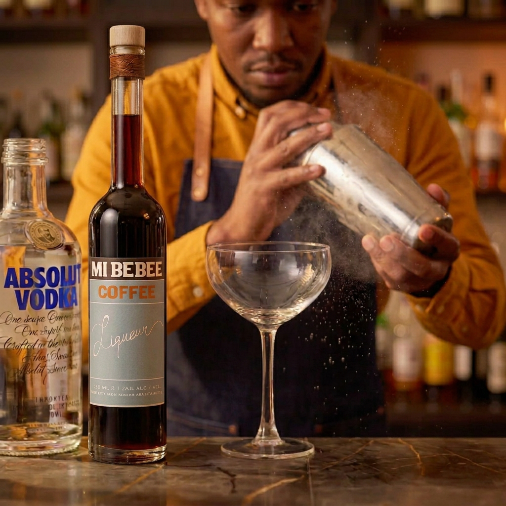 A bartender pouring a cocktail shaker over a glass, with bottles of vodka and liquor to make MiBebee Espresso Martini cocktail.