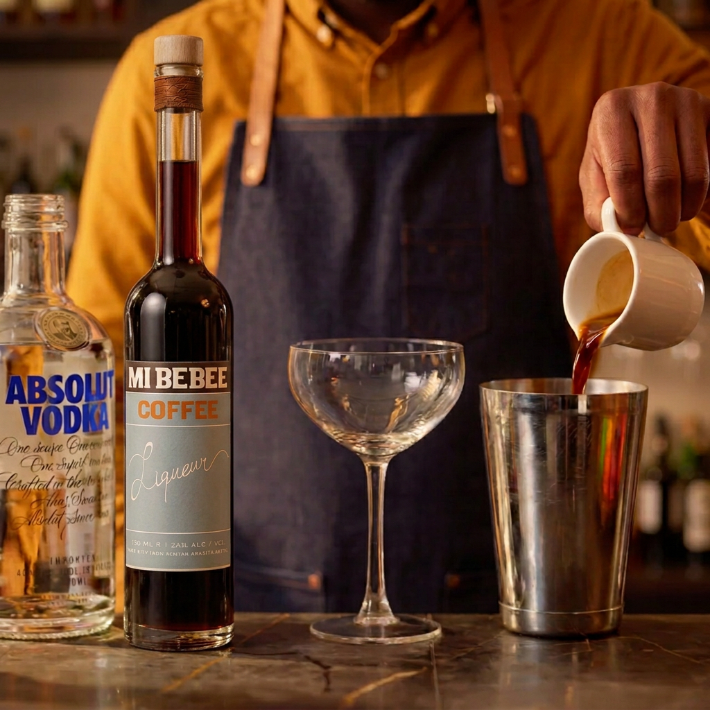 Bartender pouring MiBebee coffee from a white mug into a metal shaker, with bottles of Absolut Vodka and a MiBebee Coffee liqueur on a bar setting.