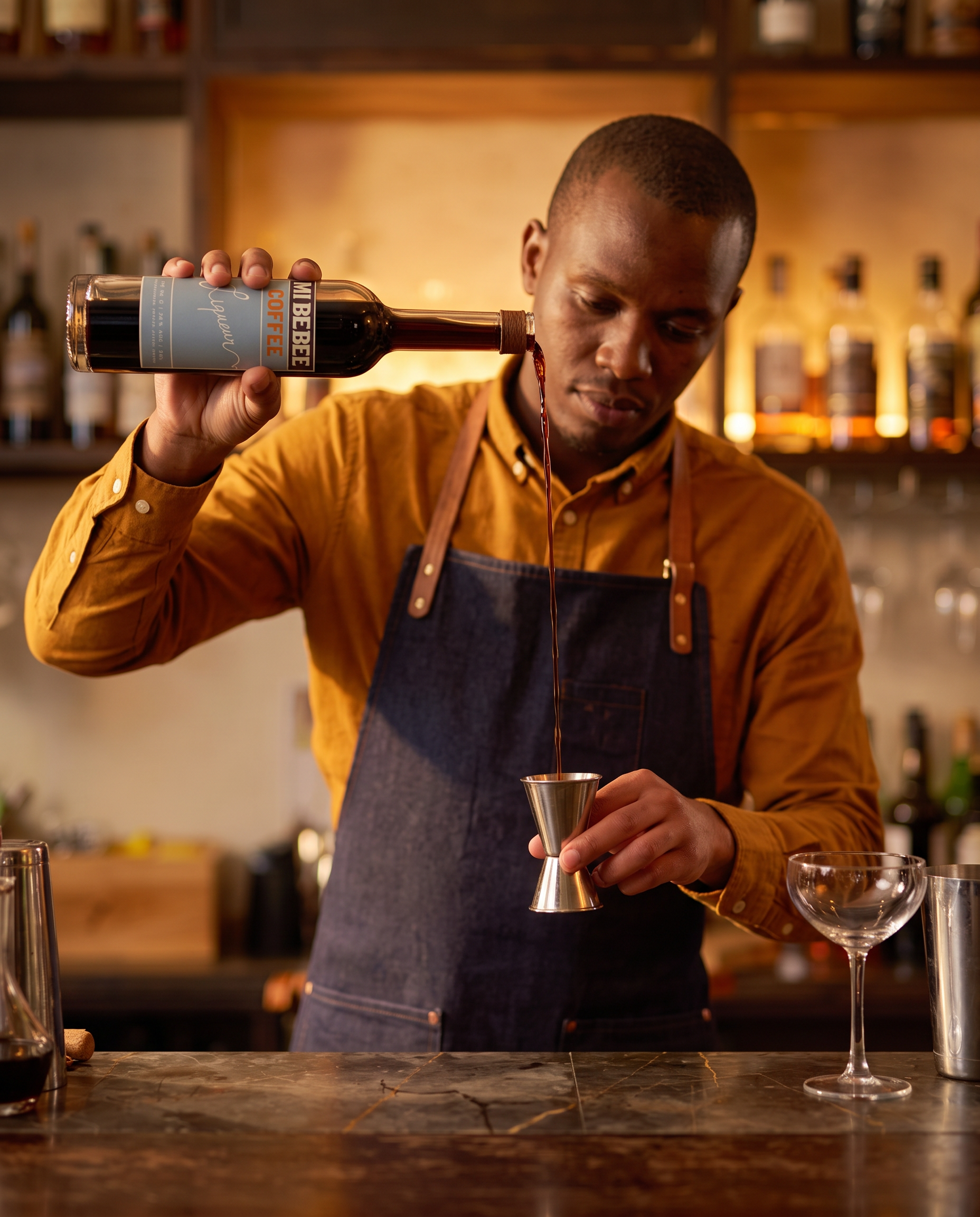 A man in a mustard yellow shirt and dark apron pours a dark liquid, likely coffee, into a silver jigger in a bar or coffee shop setting. There are bottles on shelves behind him and a drink glass with a saucer on the counter.