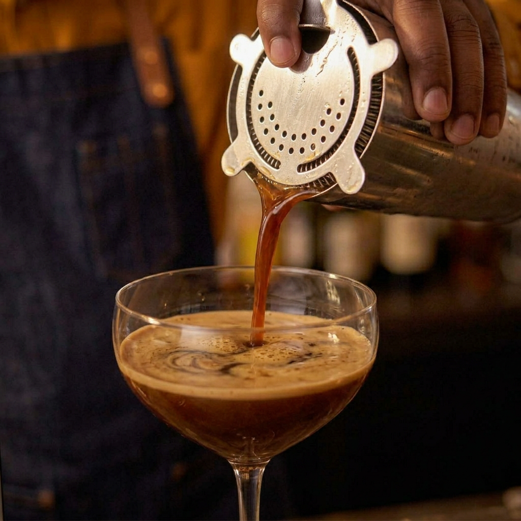 A bartender pours fresh MiBebee espresso from a metal portafilter into a glass, creating a layer of crema on top.
