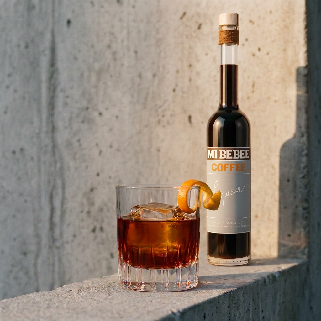 A glass of Coffee Old Fashioned garnished with a lemon twist, and a bottle of Mibebee coffee liqueur on a concrete ledge with a textured wall background.