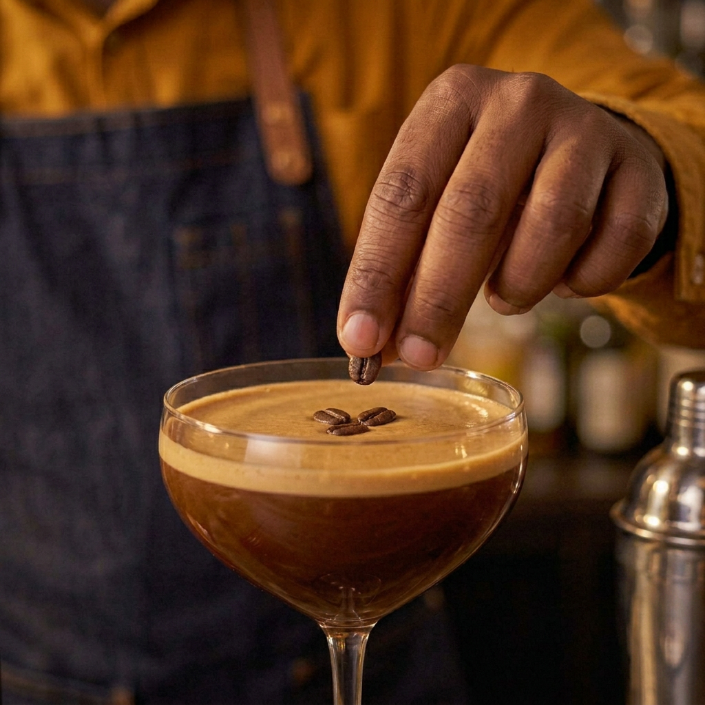 Garnishing a MiBebee Espresso Martini cocktail with coffee beans.