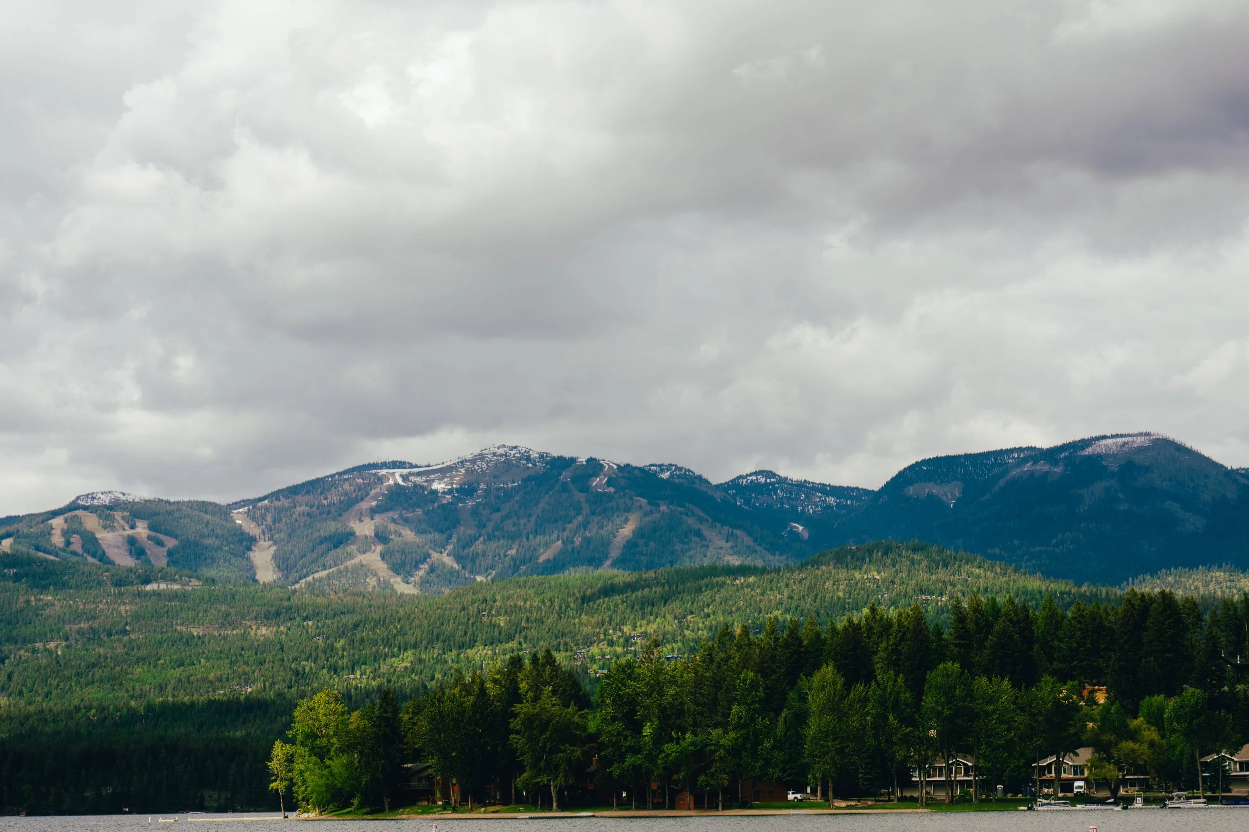 Landscape view of a mountain range with snow patches under an overcast sky, foreground shows a dense green forest near a lake with houses along the shoreline.