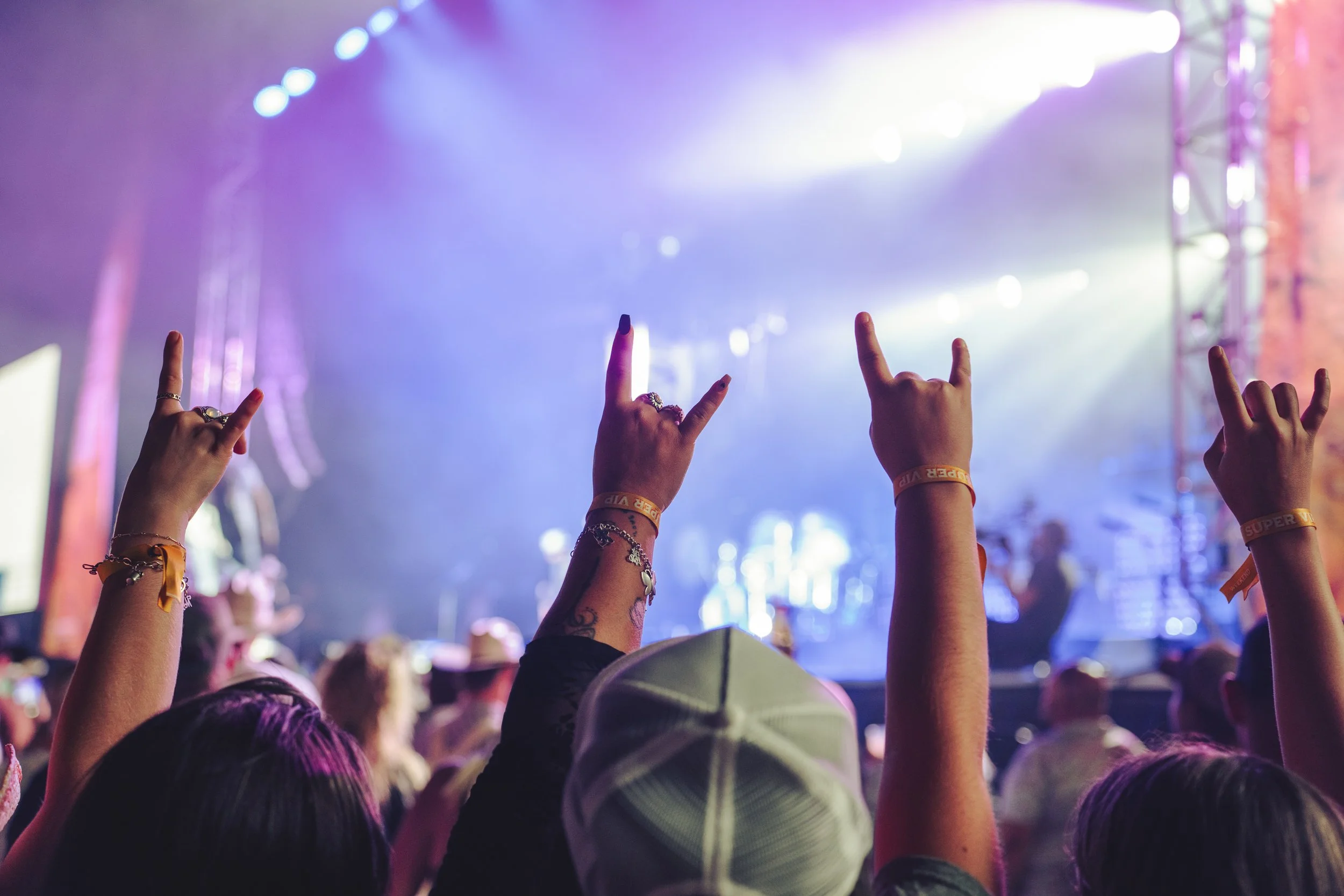 Concert crowd with hands raised, some making rock and peace signs, in front of a stage with purple and white lighting.