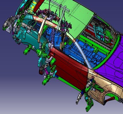 Close-up of BIW welding fixture design in CAD