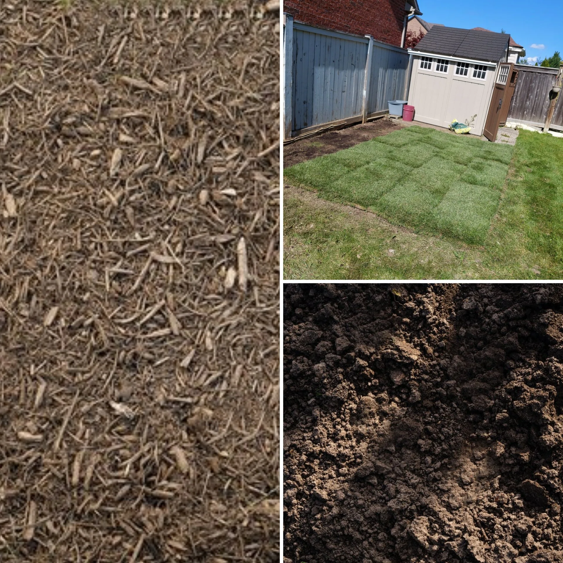 Three-part image showing grass seeds, a garden with sod installation, and rich soil.