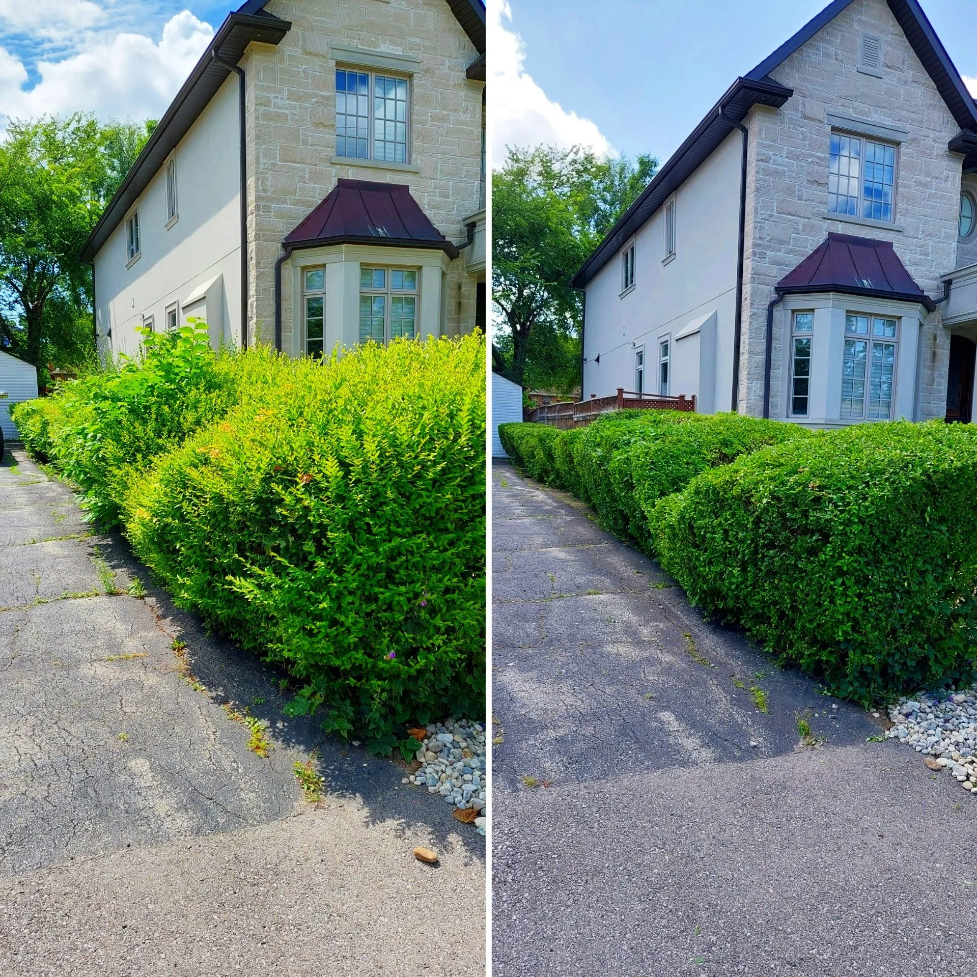 Side-by-side comparison of a house with overgrown bushes on the left and trimmed bushes on the right, alongside a paved driveway.