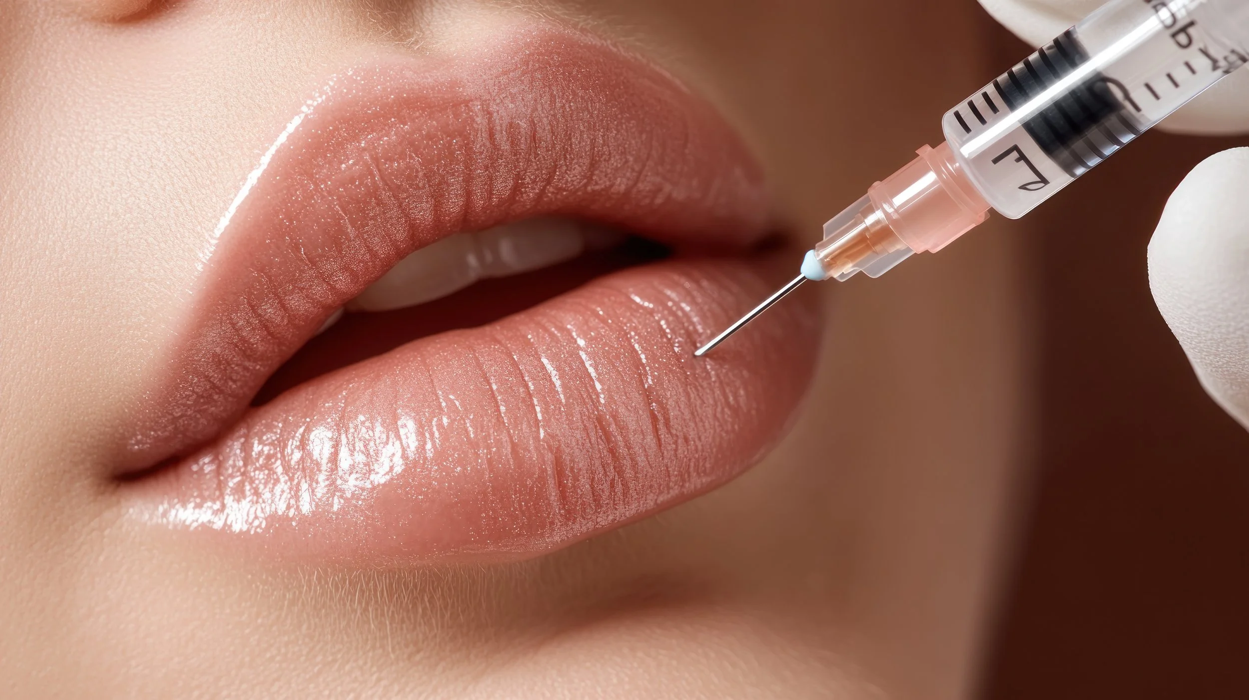 Close-up of lips receiving a cosmetic injection.