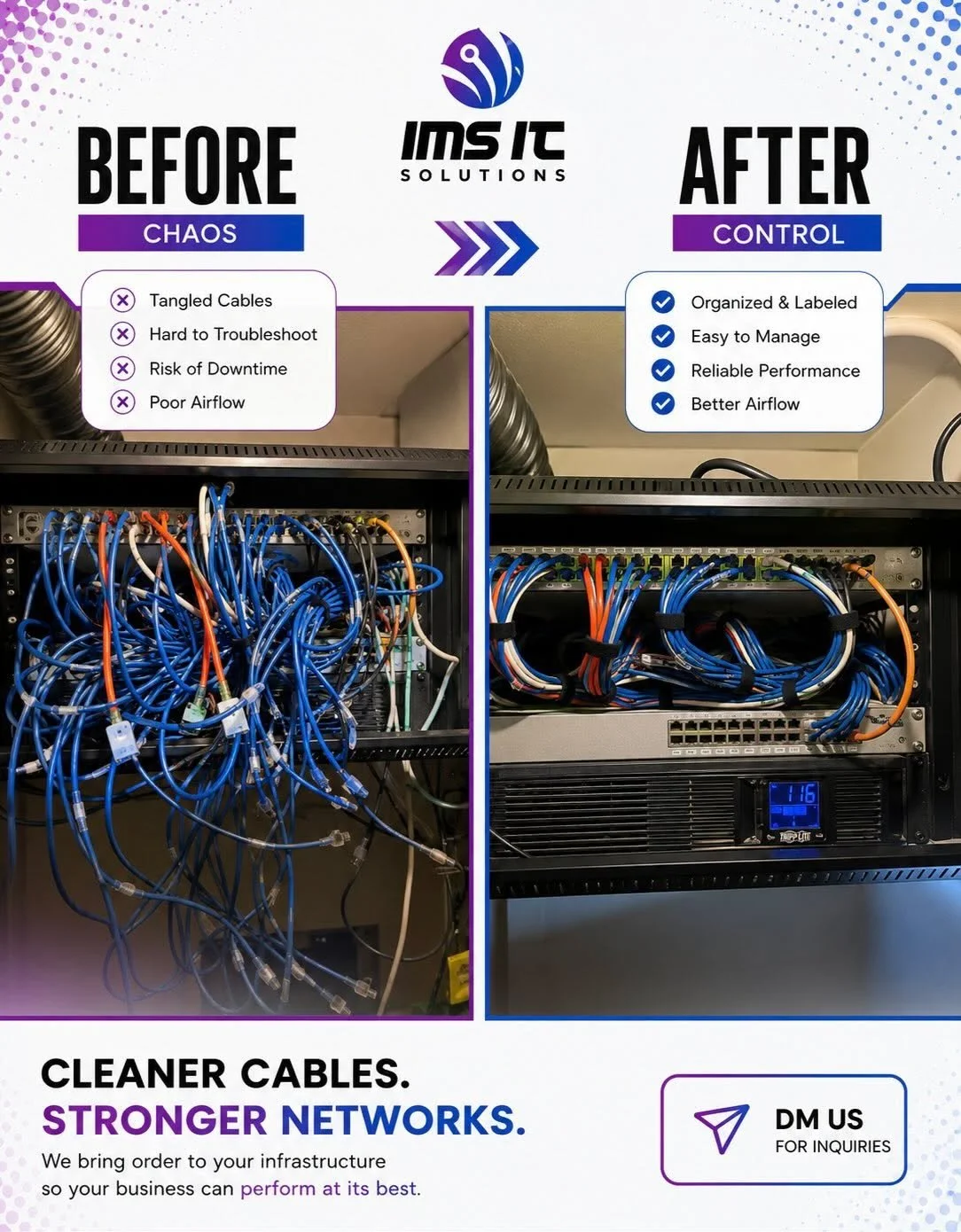 Your network setup says a lot about your business ⚡️

From tangled cables and downtime risks &rarr; to clean, organized infrastructure built for performance.

Cleaner cables. Stronger networks. Better reliability.

DM us for inquiries 📩

#itsolution