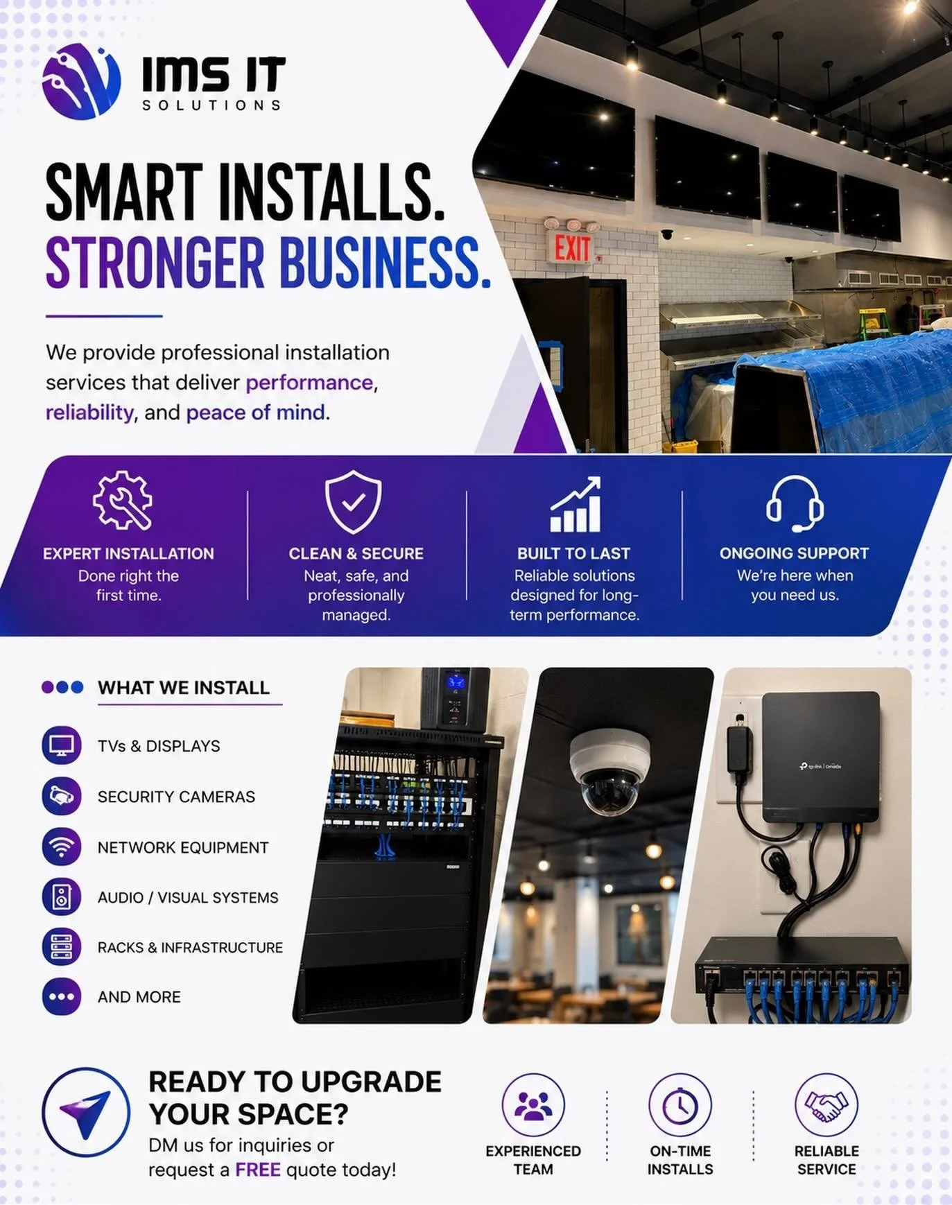 Smart installs. Stronger business. ⚡️

From displays and surveillance to full network infrastructure &mdash; we build systems designed to perform.

✔️ Clean installations
✔️ Reliable performance
✔️ Professional results
✔️ Built for your business

DM 
