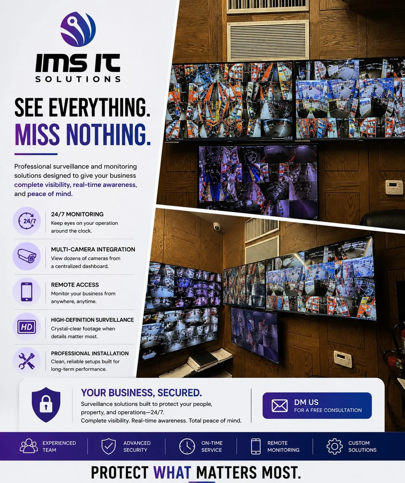 Security isn&rsquo;t just about cameras&mdash;it&rsquo;s about visibility, awareness, and peace of mind.

At IMS IT Solutions, we design and install surveillance systems that give businesses a complete view of their operations, helping protect people