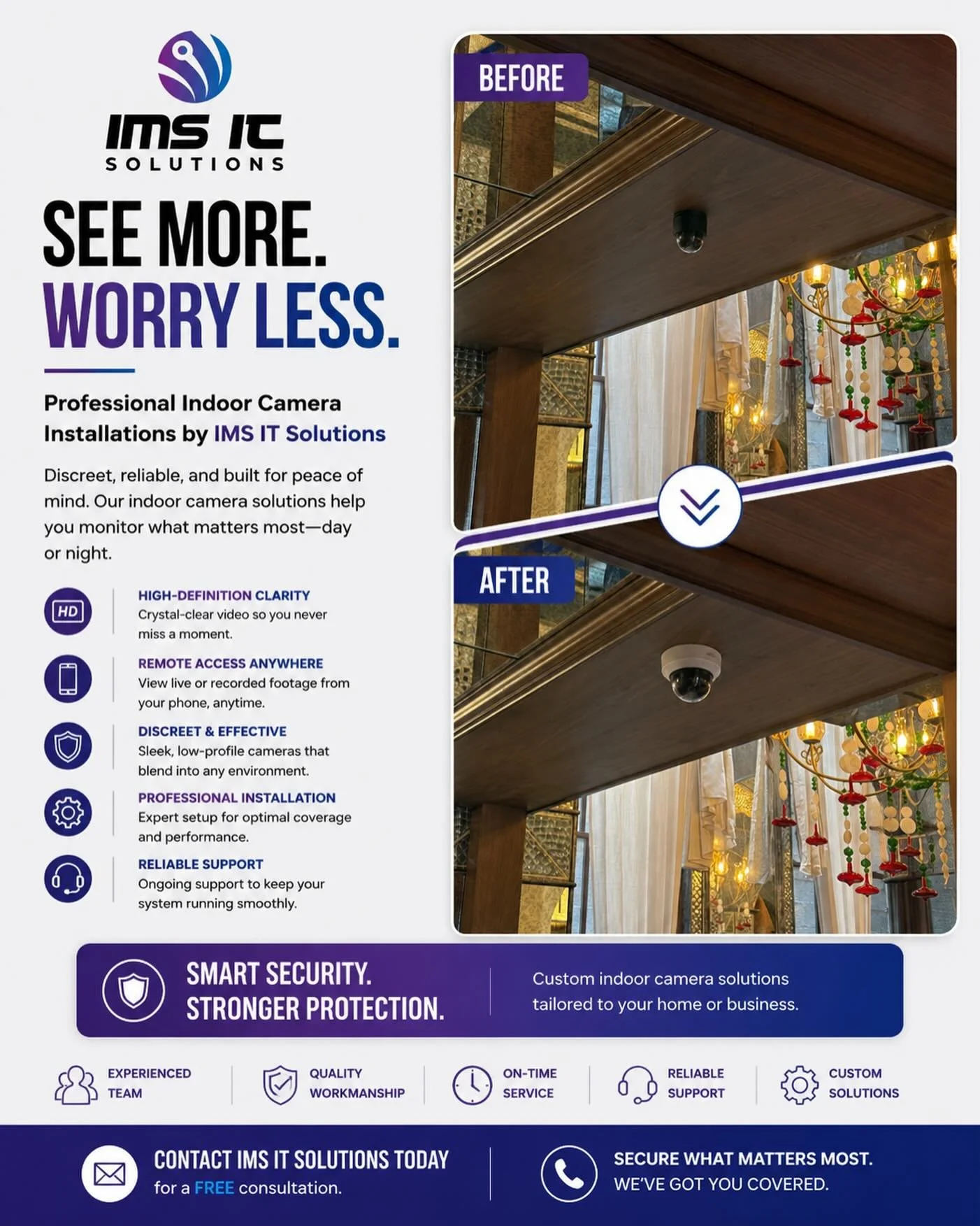 Security doesn&rsquo;t have to be intrusive.

Our indoor camera installations provide crystal-clear monitoring while blending seamlessly into your environment. Whether it&rsquo;s a restaurant, retail space, office, or commercial property, IMS IT Solu