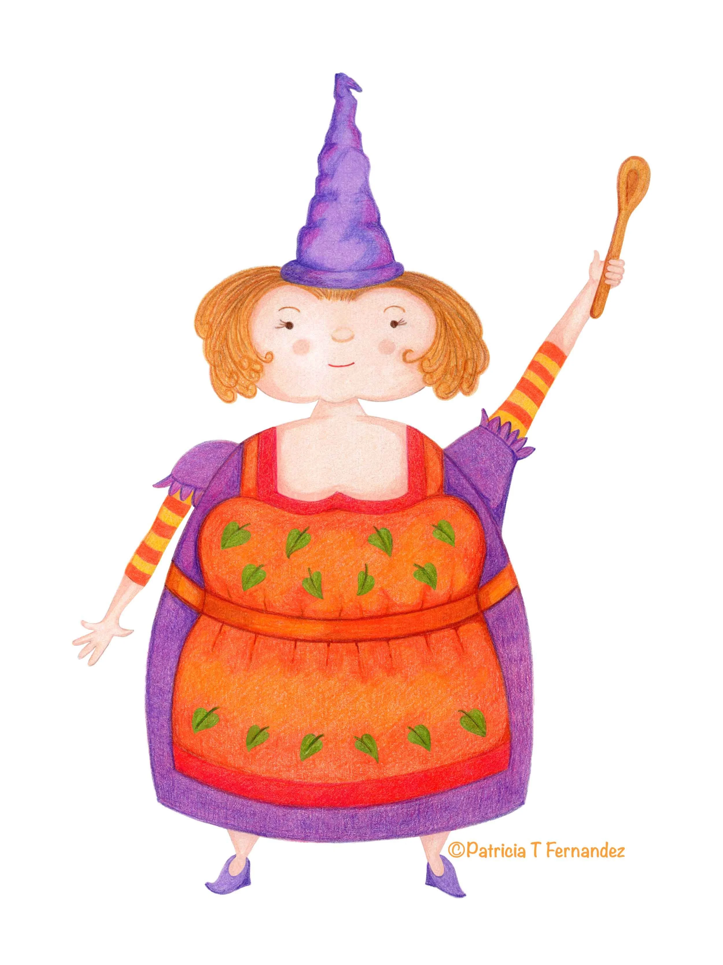 Halloween Baking Witch, Color Pencils Illustration