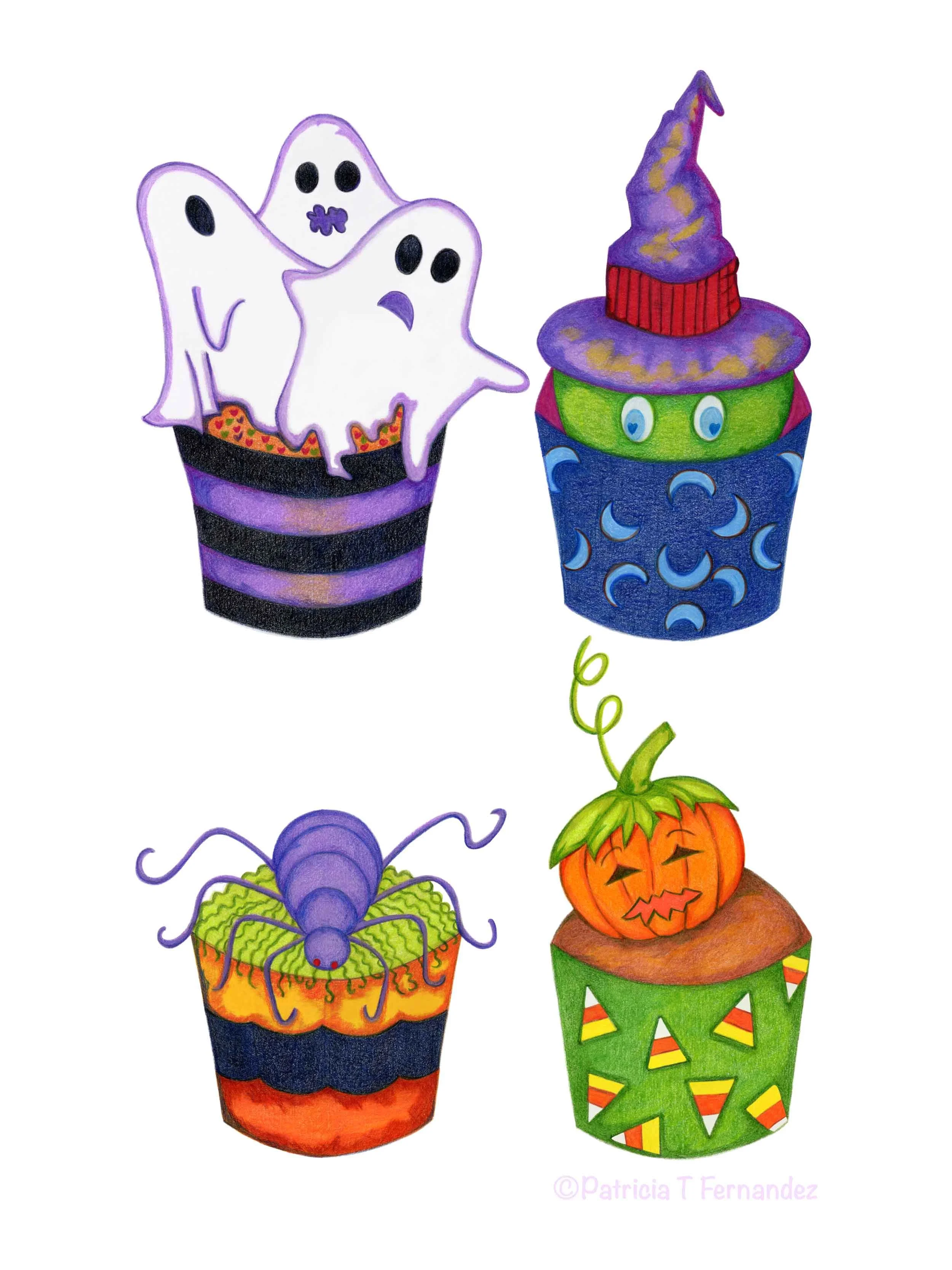 Halloween Ghosts, Green Witch, Spider and Pumpkin Cupcakes, Color Pencils Illustration