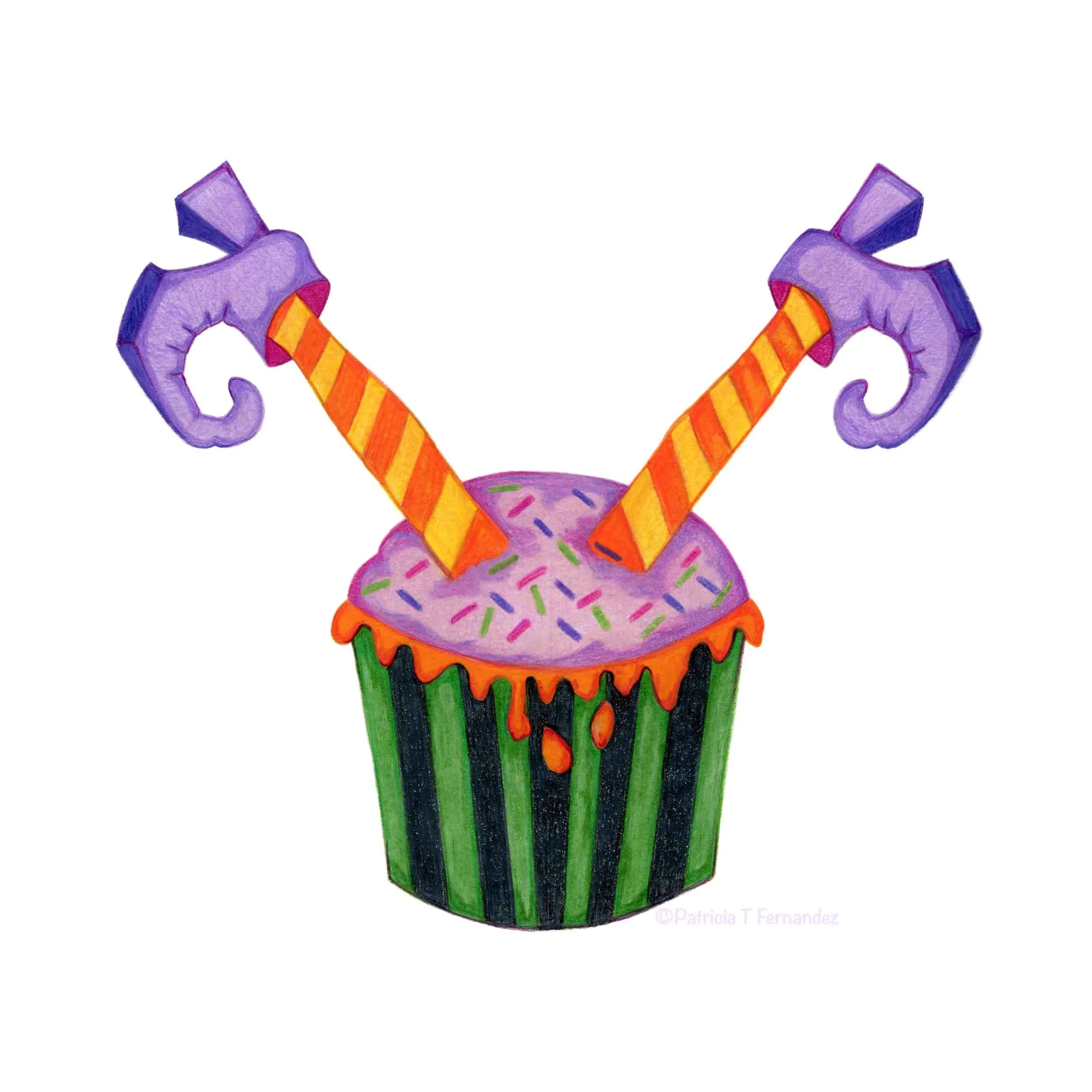 Halloween Witch Cupcake, Color Pencils Illustration