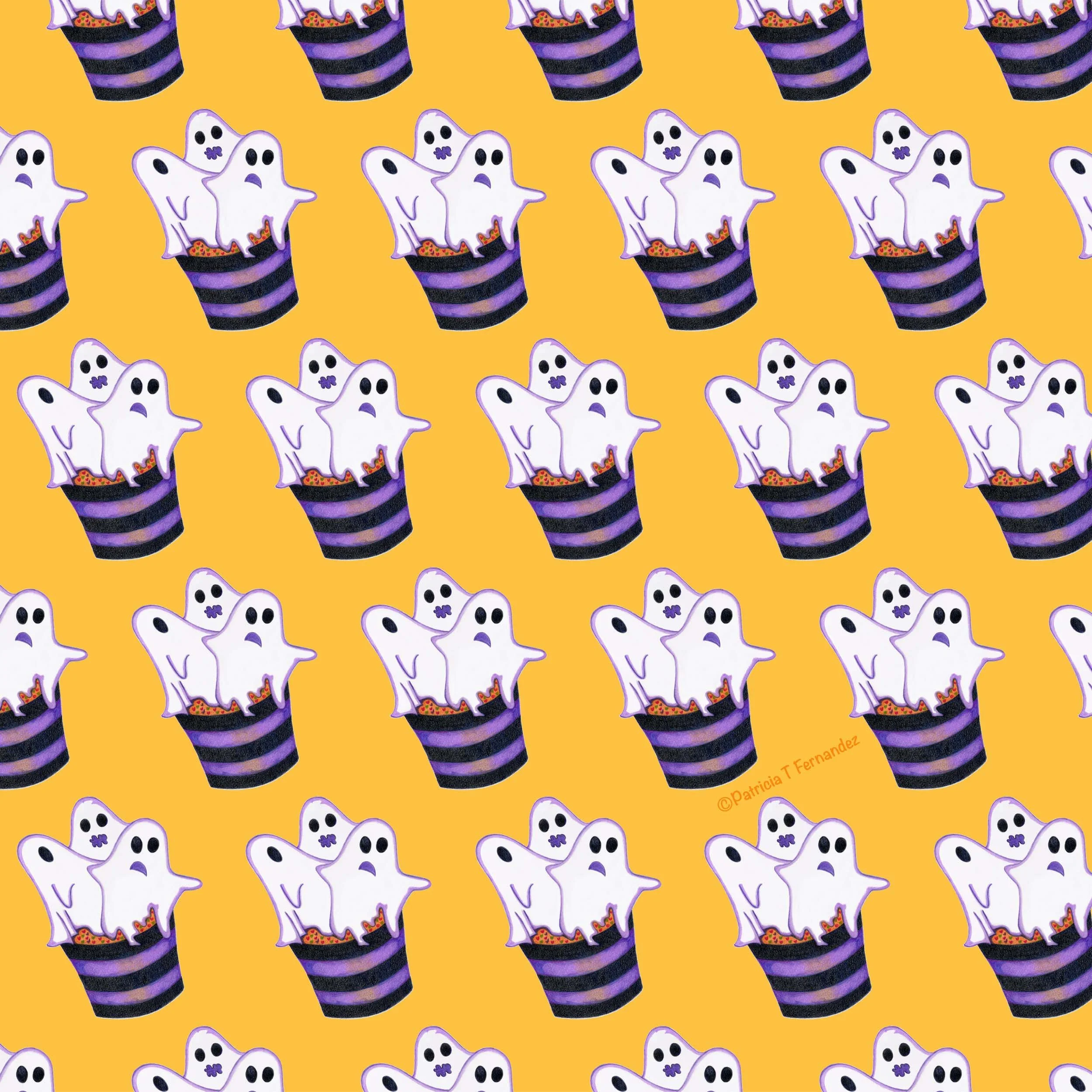 Halloween Ghosts Cupcake Pattern, Maize Background