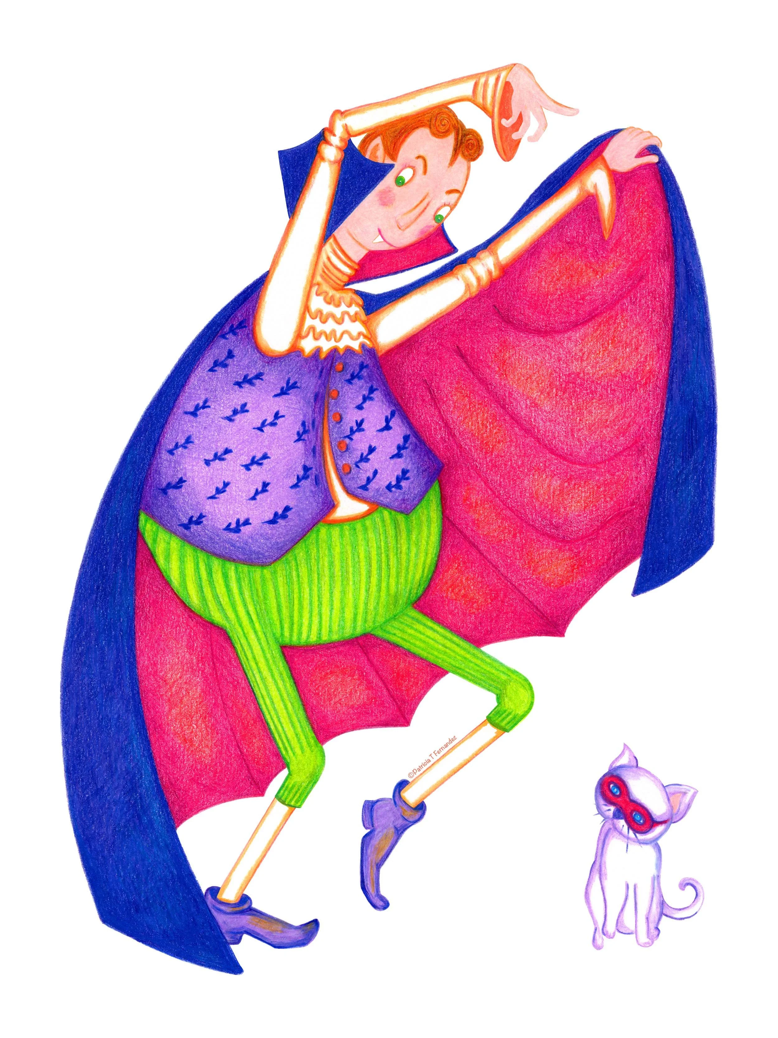 Halloween Vampire and Kitten, Color Pencils Illustration