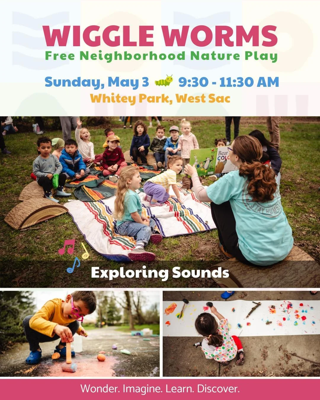 🌿🎶 Something musical is coming to Wiggle Worms!

Join us for Neighborhood Nature Play session at Whitey Park next Sunday ☀️

We&rsquo;ll be exploring sounds and making music in the great outdoors!

Next week we&rsquo;ll be:
🎵 Making instruments fr