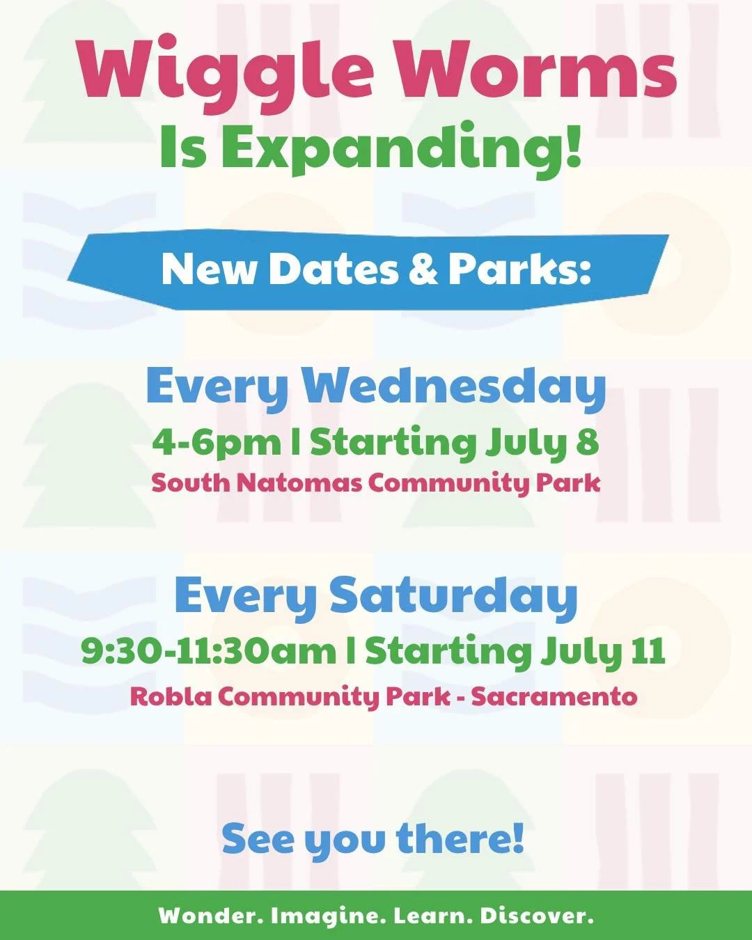🌿 BIG NEWS, WIGGLERS! 🌿

Wiggle Worms Nature Play is growing! 💚

Starting this July, we&rsquo;re expanding into Sacramento County, bringing even more opportunities for little ones to learn, explore, and play outdoors.

Thanks to the generous suppo