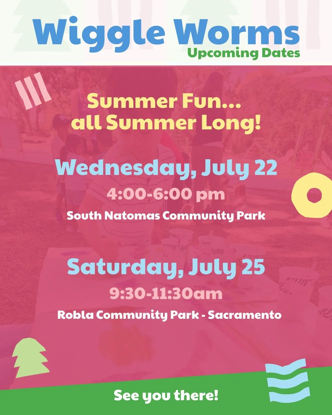 🌞 Looking for something fun to do with your little one tomorrow?

Come join us for Wiggle Worms Nature Play! We have two free, drop-in opportunities to explore, create, and play outdoors with us this week in Sacramento.

🌼 Saturday, July 25 | 9:30&