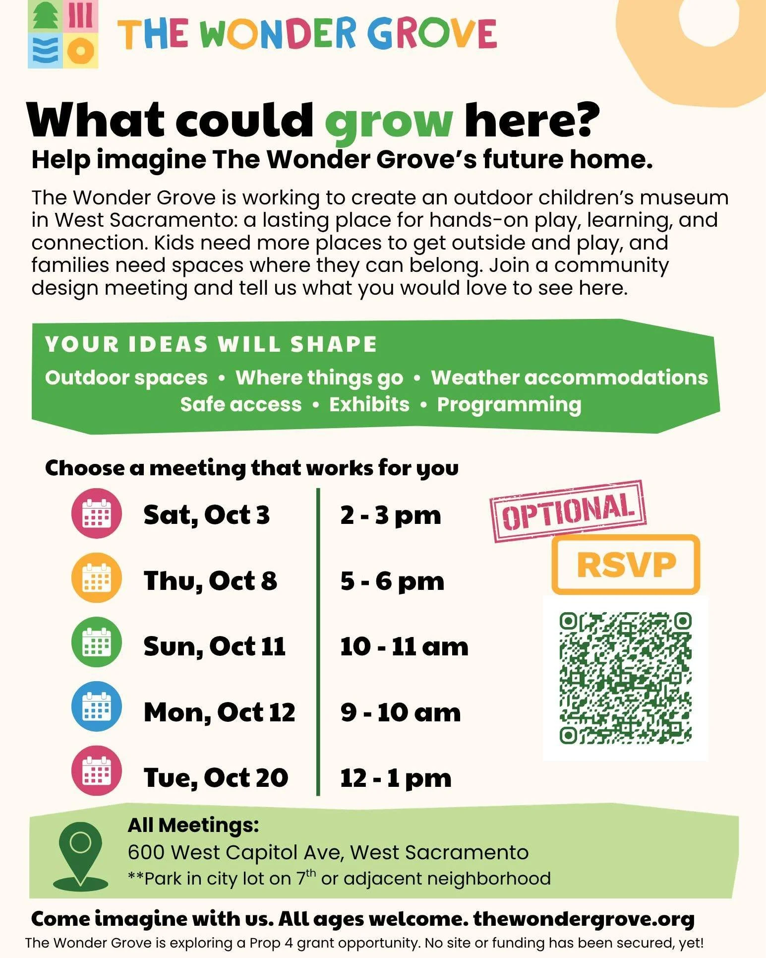 🌱 What could grow here?

What if there was a place built for kids to explore, create, get messy, take risks, connect with nature, and PLAY?

We&rsquo;re working toward making The Wonder Grove a reality. But before plans are drawn and decisions are m
