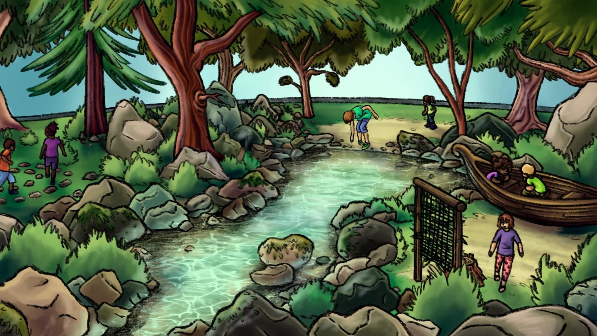 Children playing by a creek in a wooded area with rocks and trees, some kids on a boat, and one girl walking along a fence.