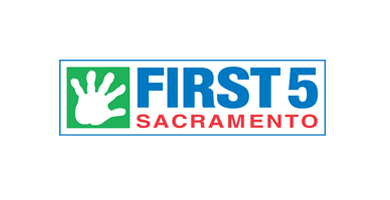 Logo of First 5 California featuring a green square with a white handprint, followed by the text 'FIRST 5 CALIFORNIA' in blue and red.