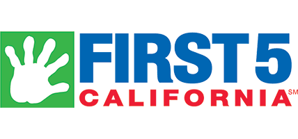 Logo of First 5 California featuring a green square with a white handprint, followed by the text 'FIRST 5 CALIFORNIA' in blue and red.
