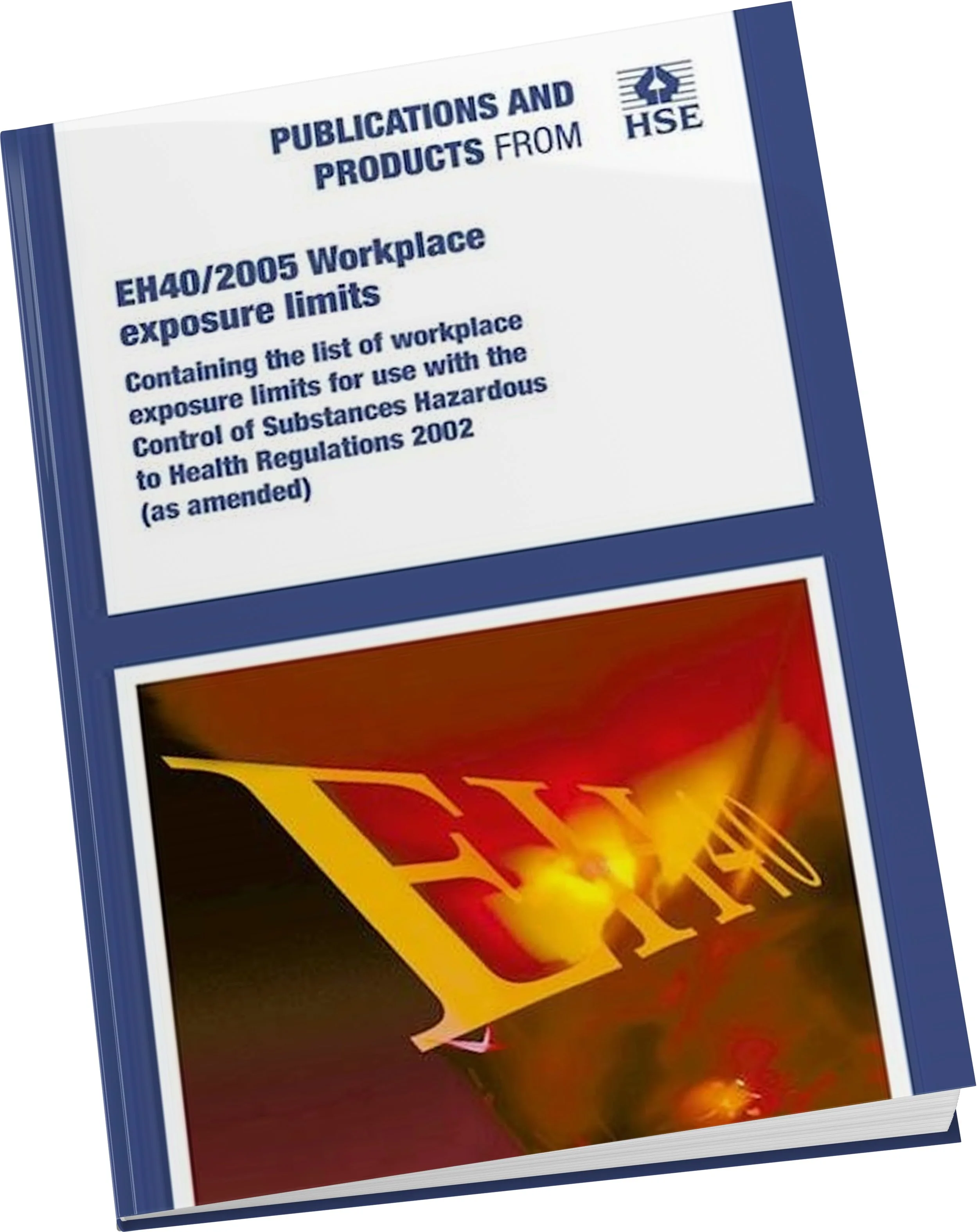 Book cover titled 'Publications and Products from HSE' with a subtitle about workplace exposure limits and the year 2002, featuring a dark red and fiery background.