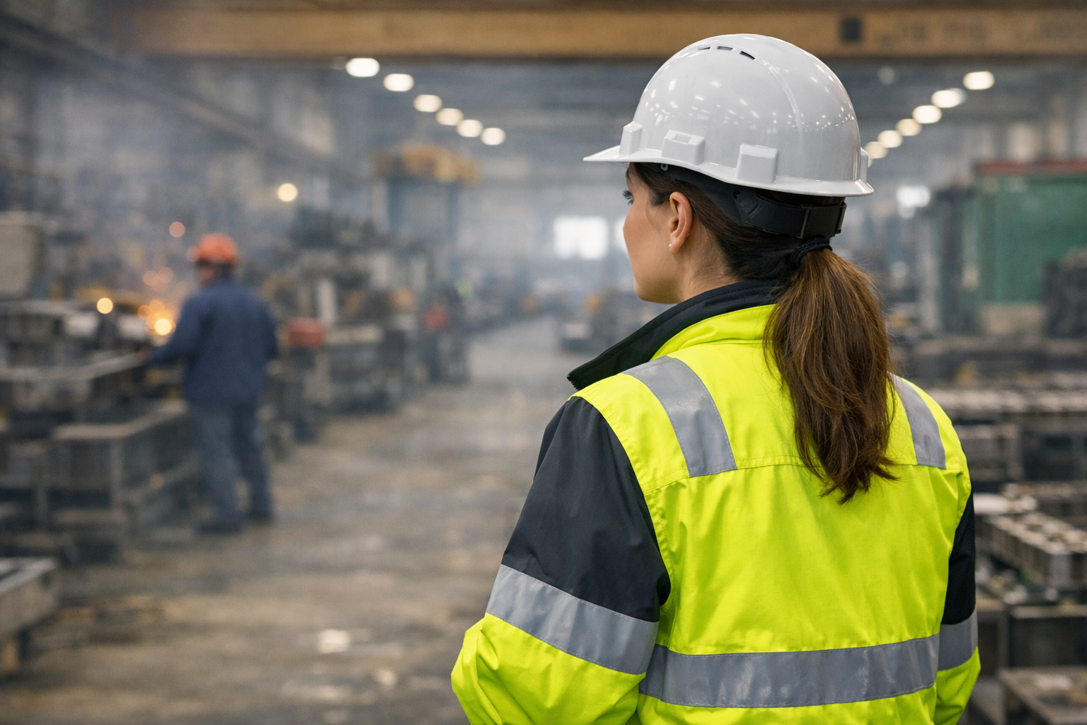 A female worker wearing a yellow safety vest and white hard hat looks at another worker welding in a factory or warehouse.