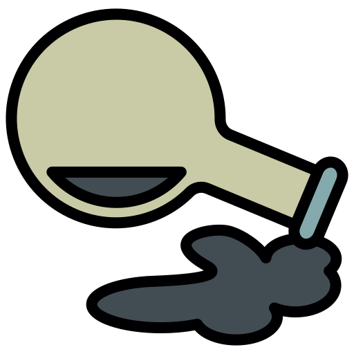 A spilled chemical flask pouring liquid contents onto a surface.