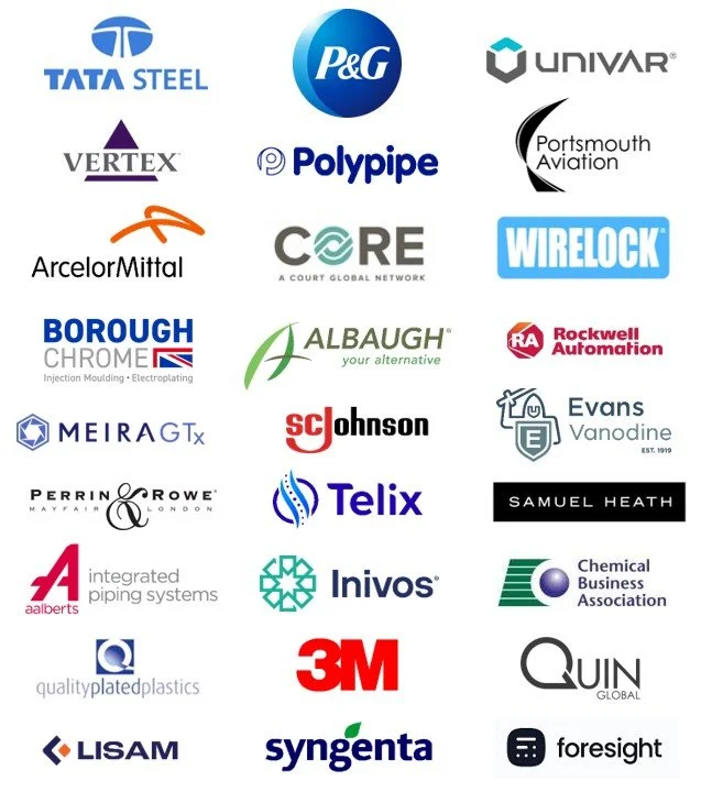 Collection of logos from various companies arranged in a grid, including Tata Steel, Procter & Gamble, Univar, Vertex, Polypipe, Portsmouth Aviation, ArcelorMittal, CORE, Wirelock, BoroughChrome, Albauhg, Rockwell Automation, MEIRAGTx, SC Johnson, Evans Vanodine, Perrin & Rowe, Telix, Samuel Heath, Aalberts, Inivos, Chemical Business Association, qualityplatedplastics, 3M, Quin Global, Lisam, Syngenta, and Foresight.