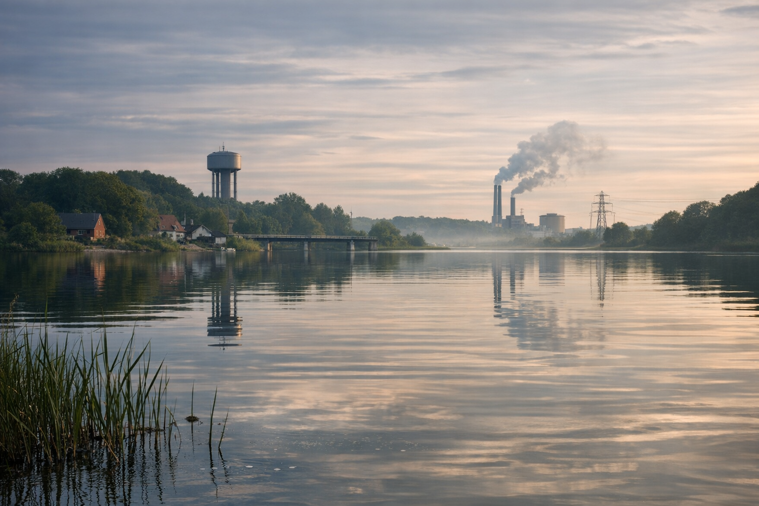 Large lake with houses and a factory in the background
