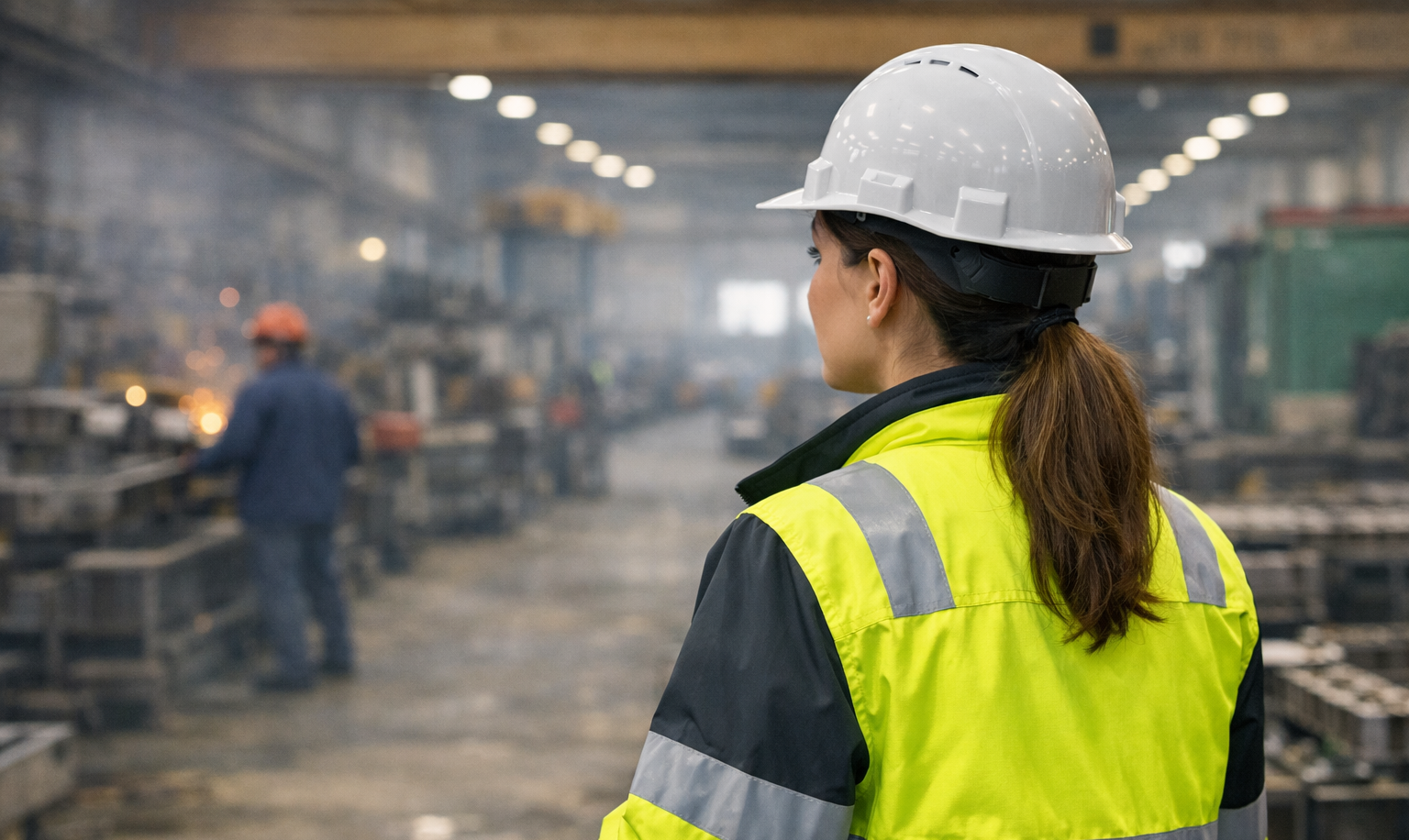 A woman in a yellow safety vest and white hard hat observing a manufacturing or industrial workshop with workers and equipment in the background.