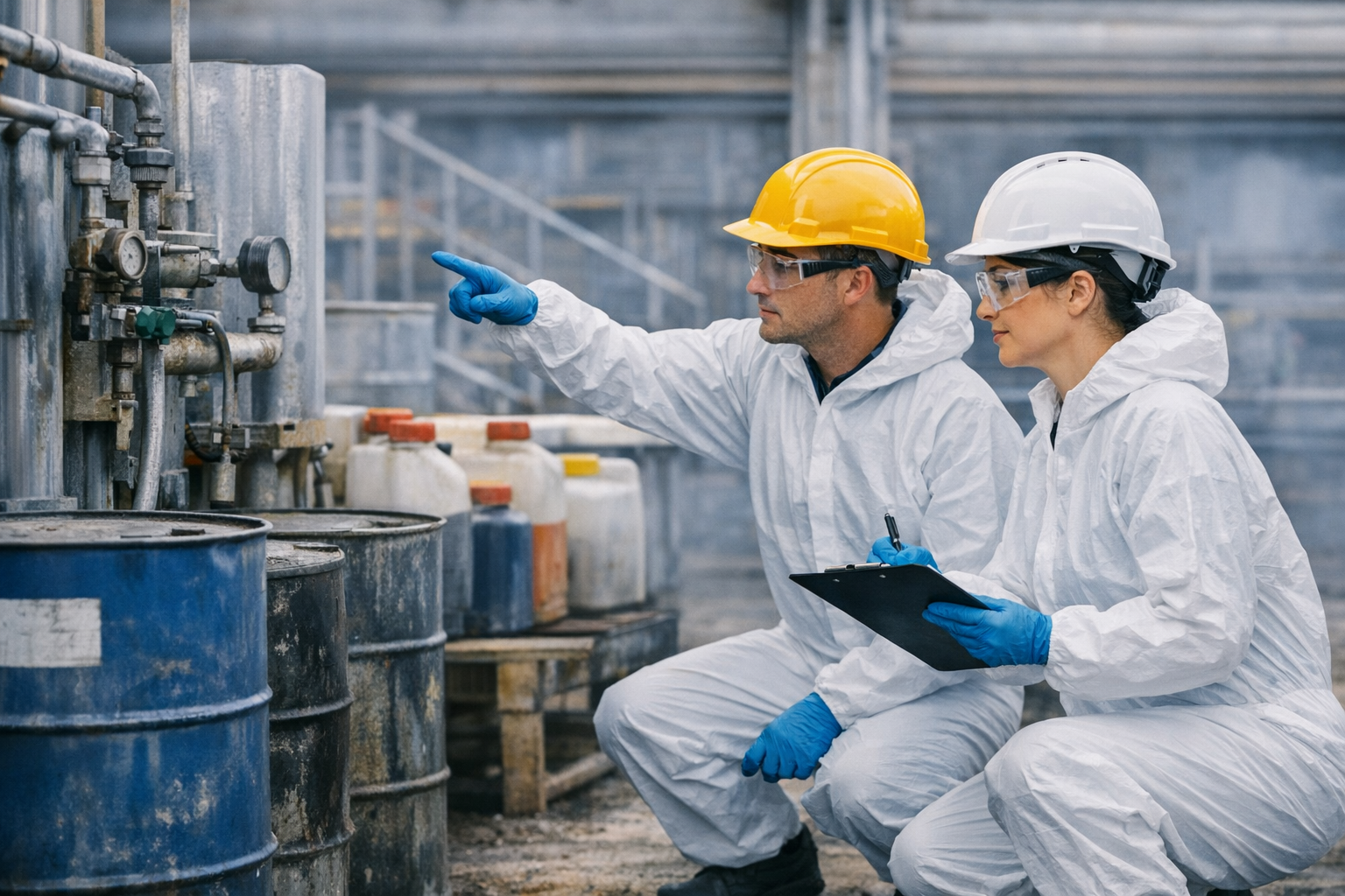 Two people in PPE looking at industrial equipment during an investigation