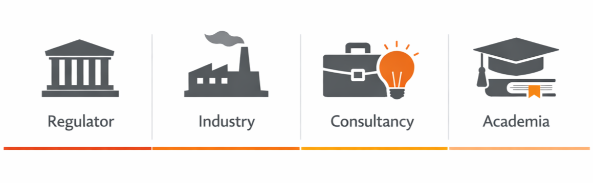 Icons representing different sectors: a government building for regulator, a factory for industry, a briefcase with a light bulb for consultancy, and a graduation cap and books for academia, with colored lines beneath